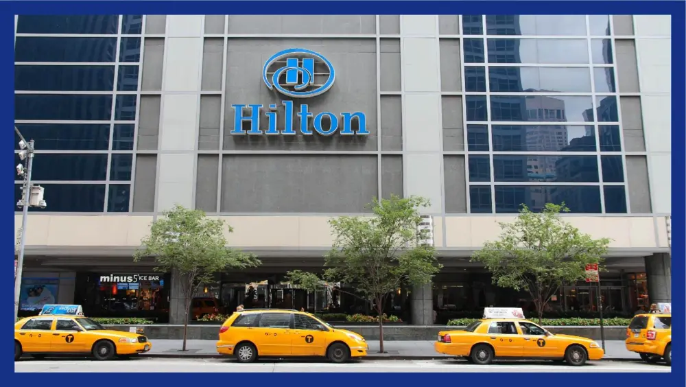 Cabs parked outside the New York Hilton Midtown, one of the best places to stay in New York City.