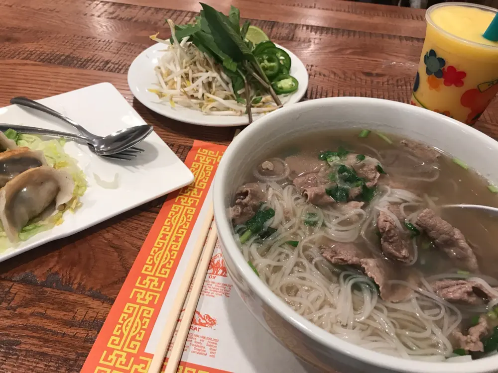 pho noodles steak won ton smoothie salad
