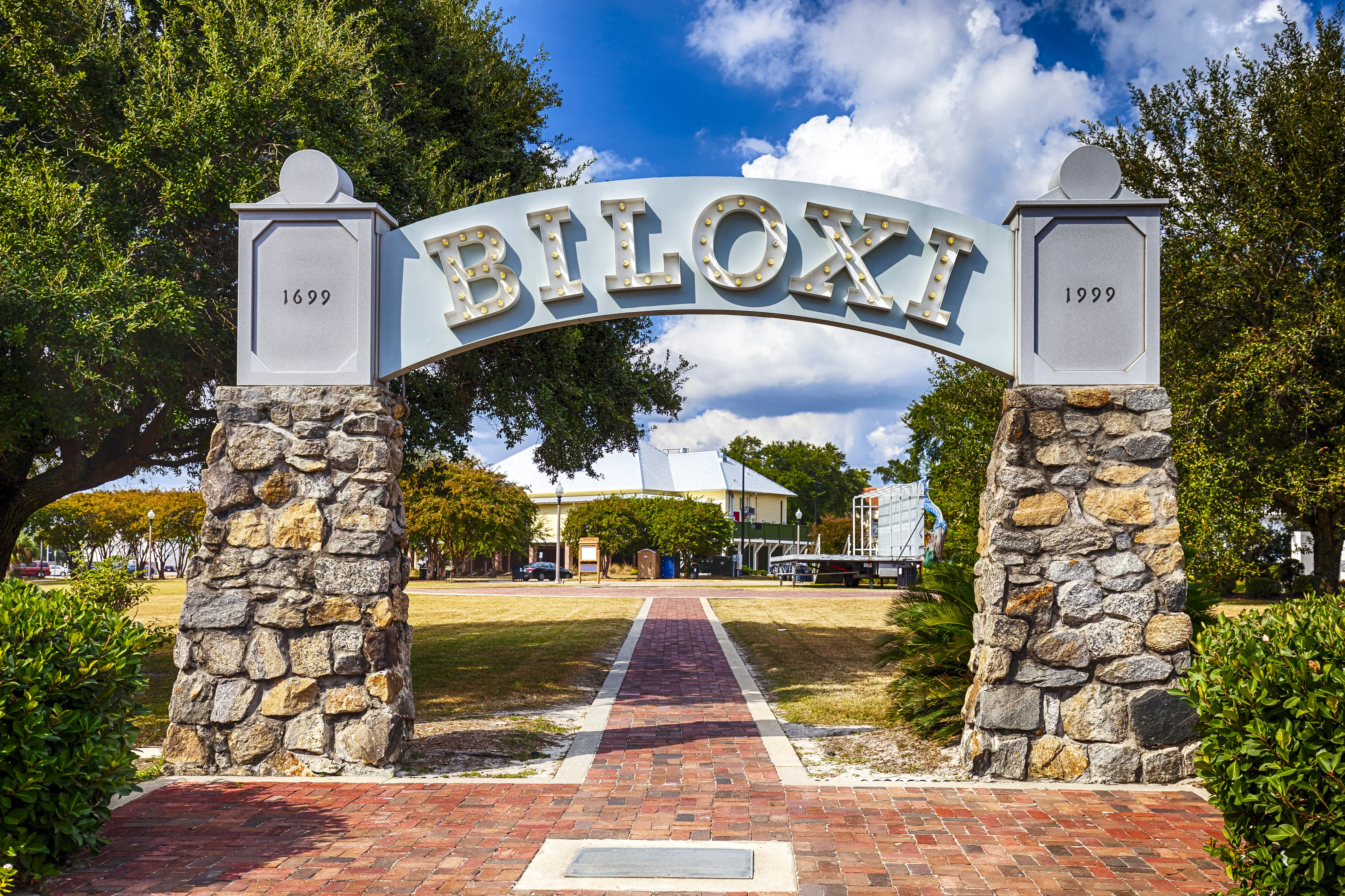 Town Green with large Biloxi sign at the entrance