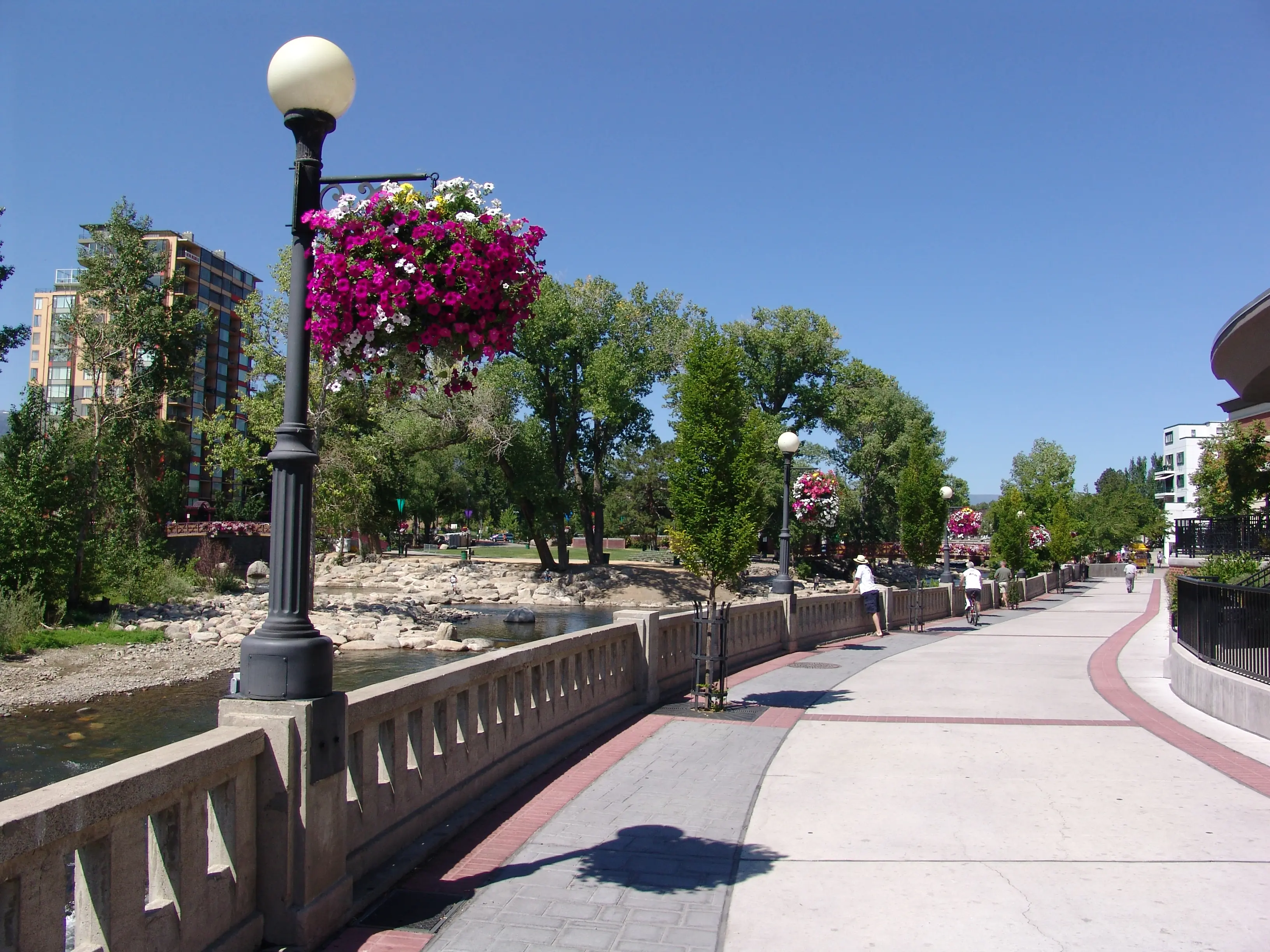 A shot of a section of the riverwalk on the North side of the Truckee River in Reno, NV.