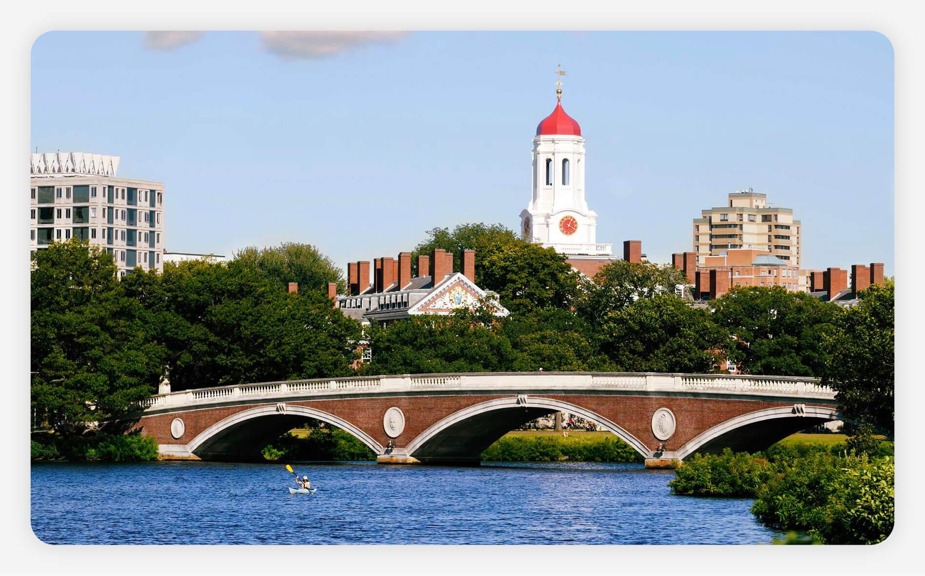 A view of John W. Weeks Footbridge on Harvard University campus in Boston, Massachusetts.