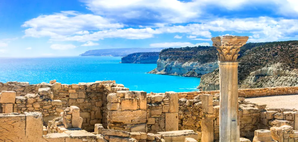 Cyprus ancient temple and blue water