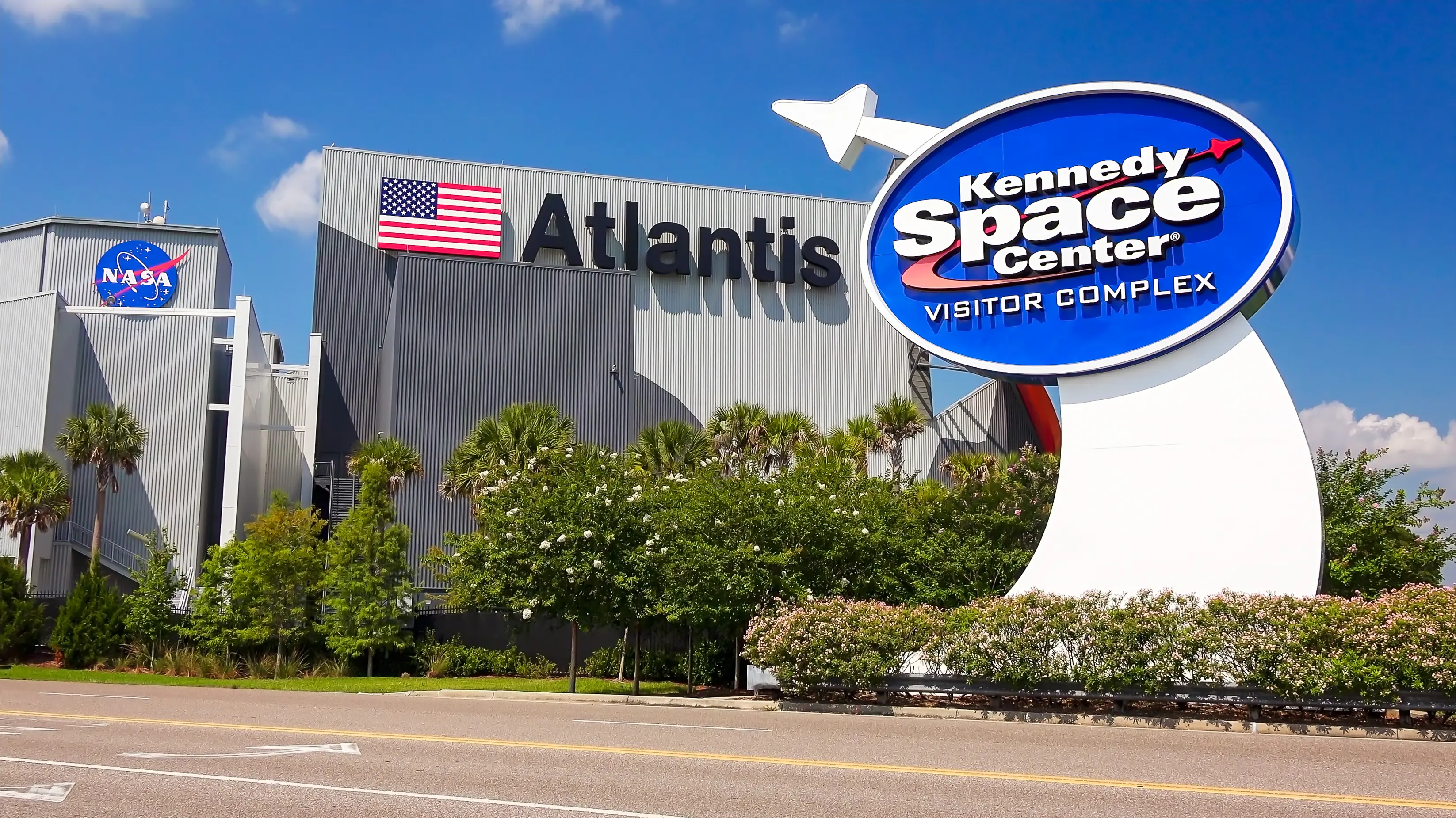 NASA Kennedy Space Center Visitor Complex entrance sign in Cape Canaveral, Florida.
