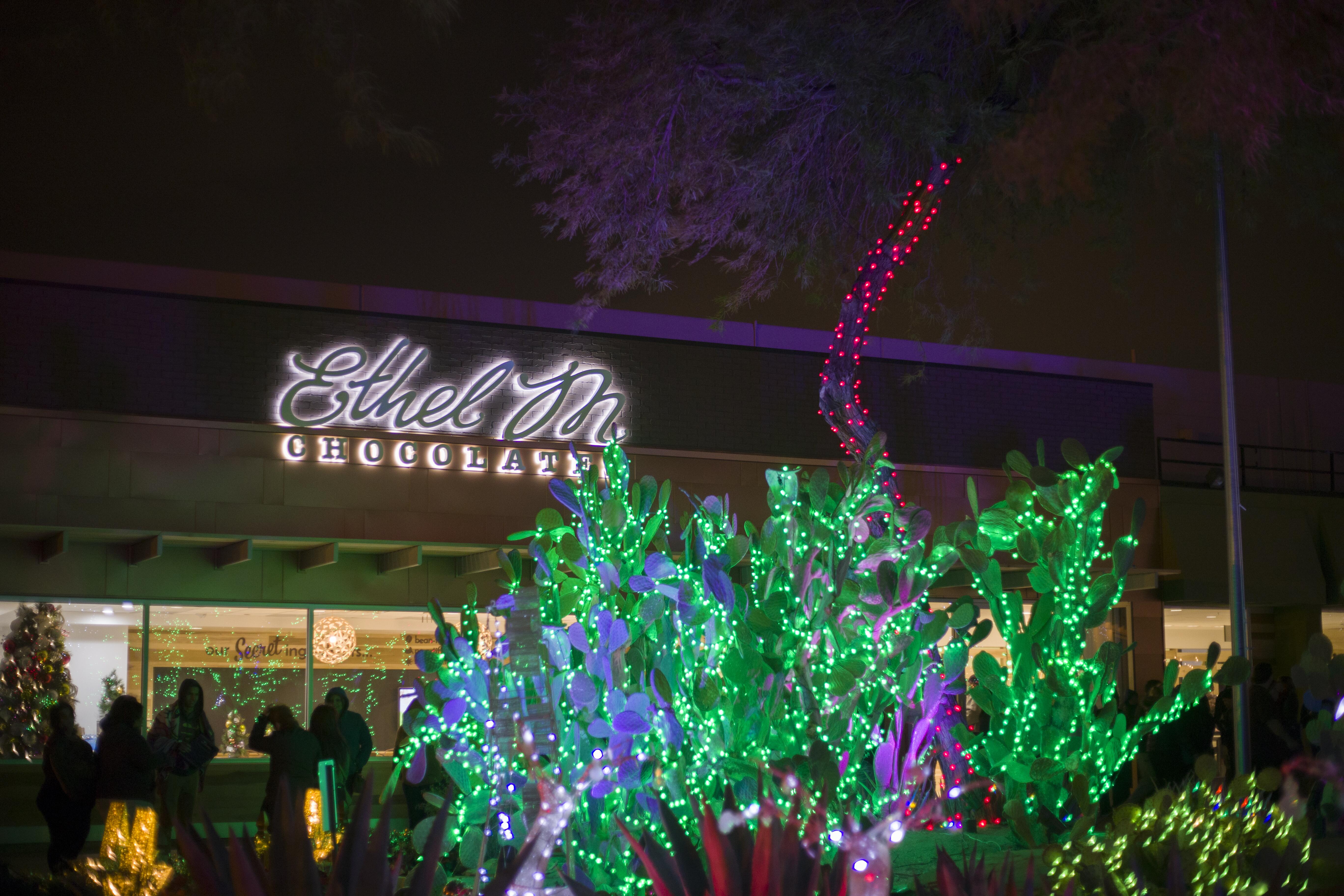 Outdoor nighttime image of the Ethel M. Chocolate Factory.