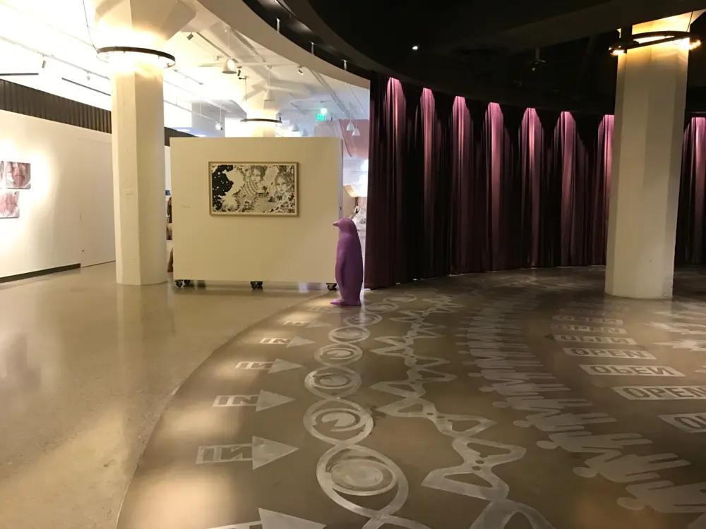 Gallery, drapes, penguin, art, museum, lobby