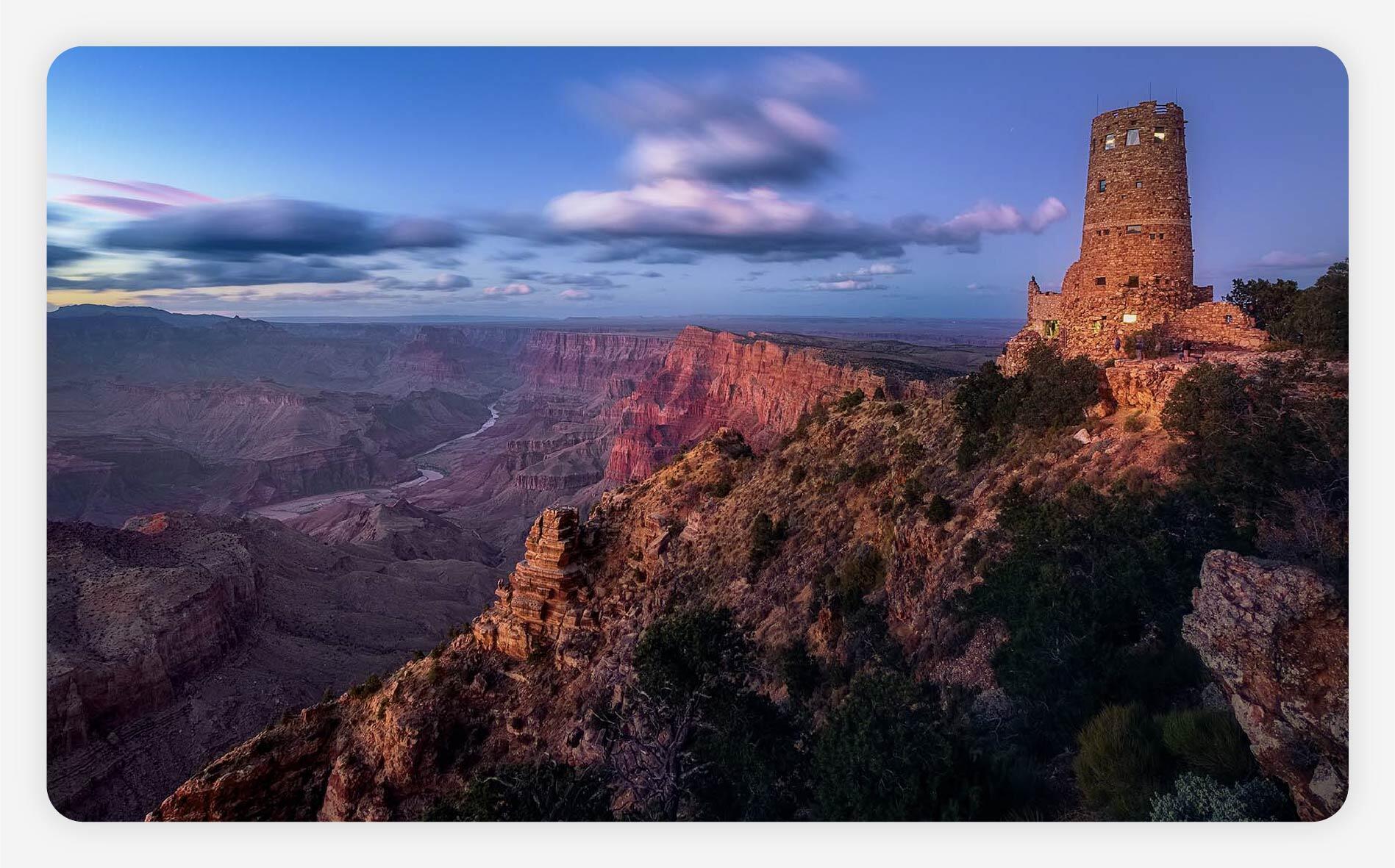 View of the Desert View Watchtower at the Grand Canyon.