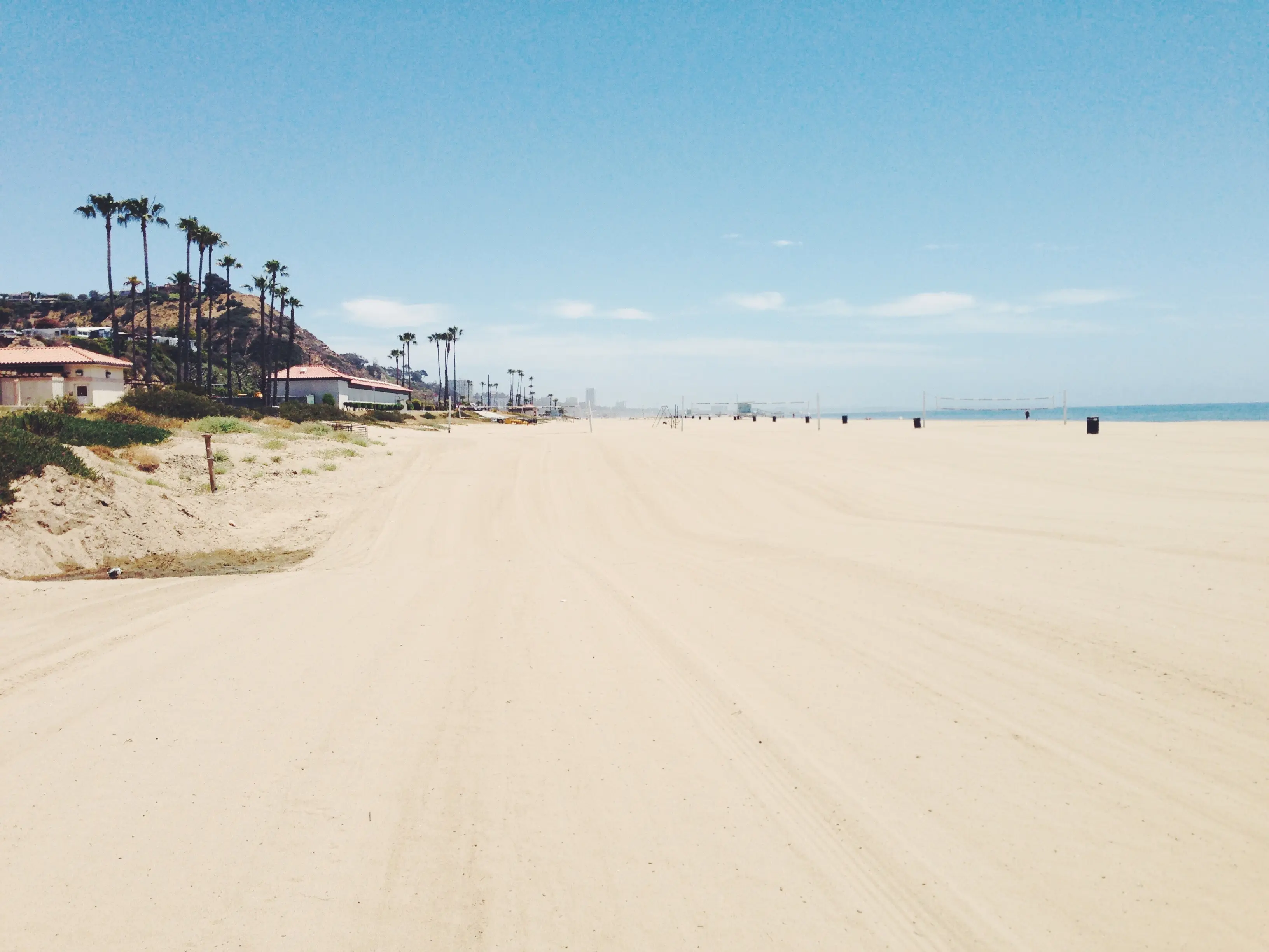 Image of the wide sandy shoreline of Will Rogers State Beach, near Los Angeles, California.