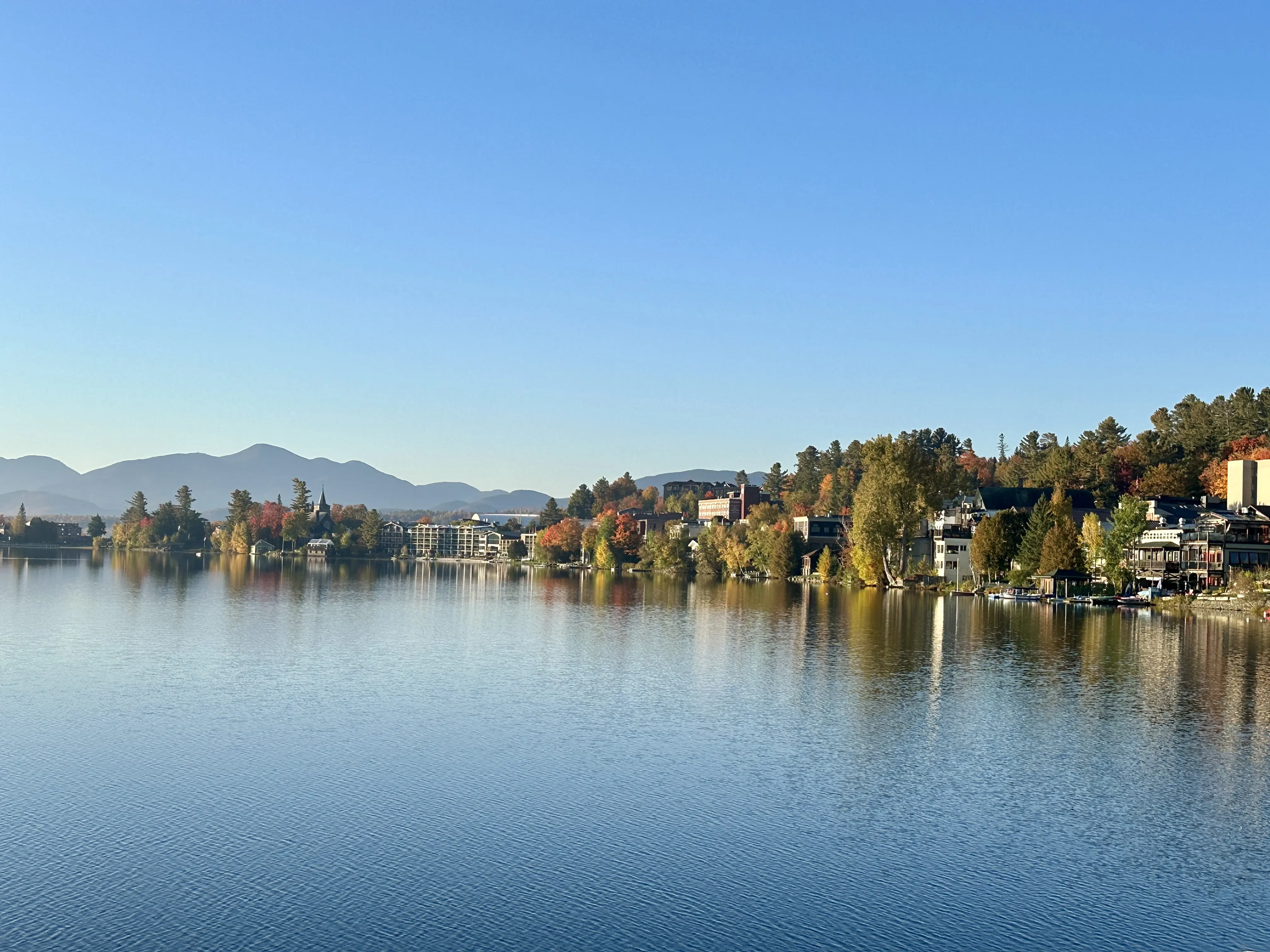 Outdoor image of Mirror Lake, and the village of Lake Placid.