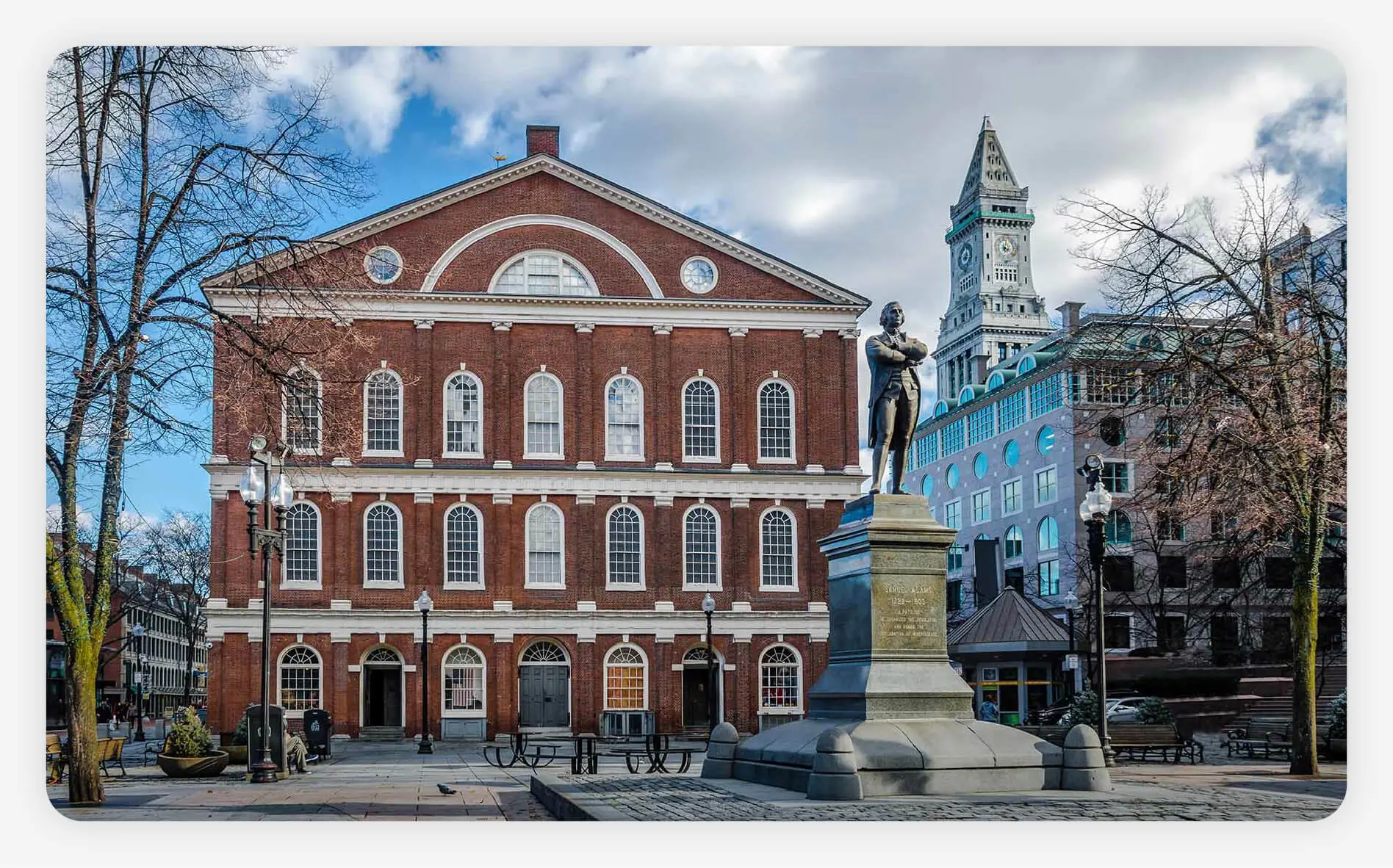 An exterior front view of Faneuil Hall in Boston, Massachusetts.