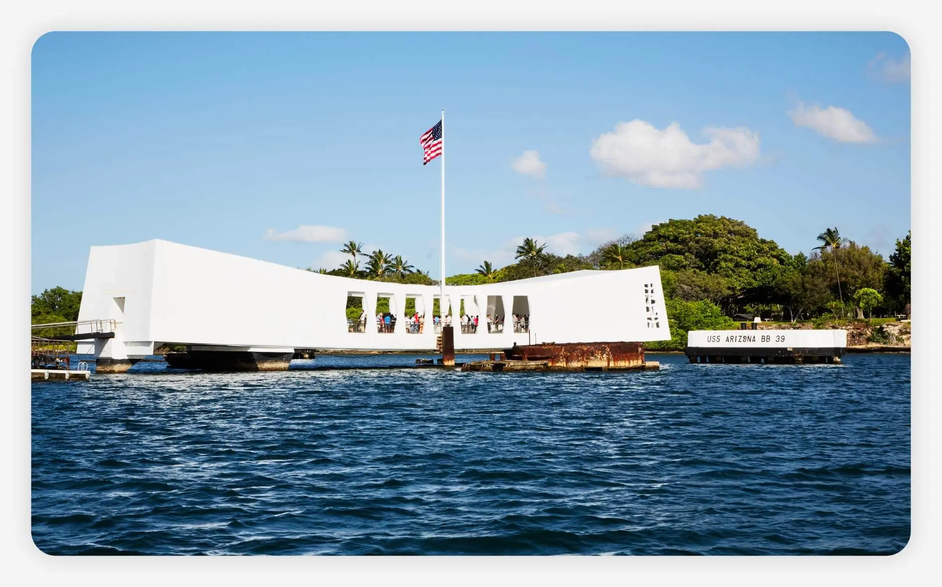 A photo of the historic Pearl Harbor National Memorial in Honolulu, Hawaii.