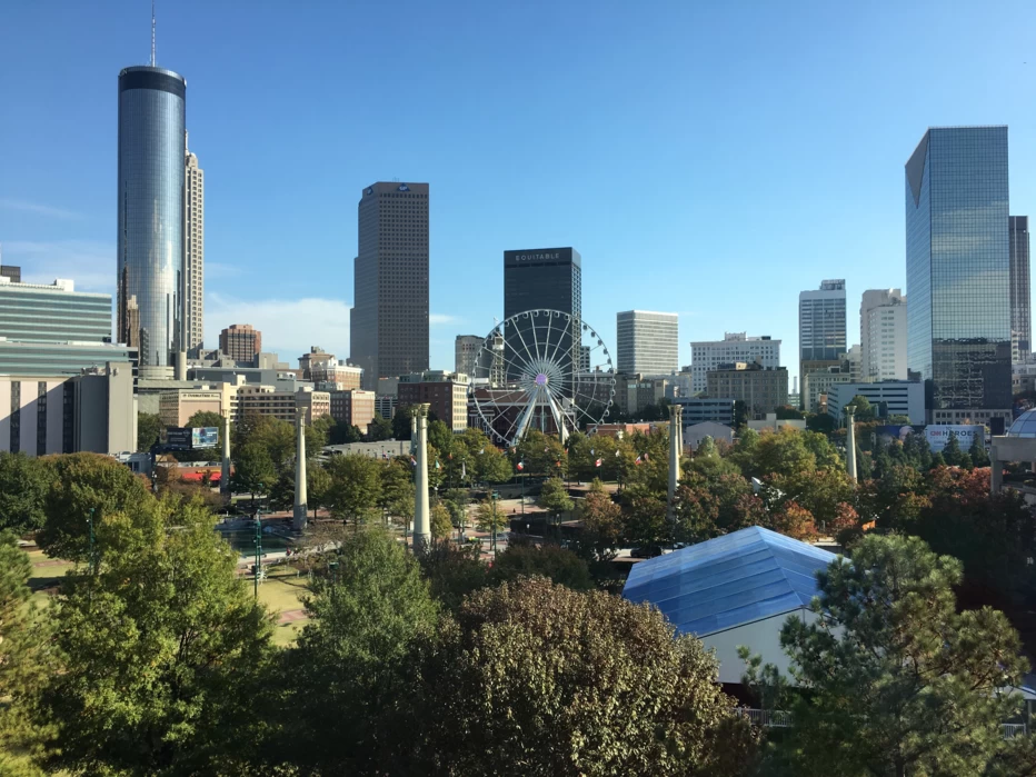 Atlanta cityscape, trees, view, Centennial Olympic park, ferries wheel