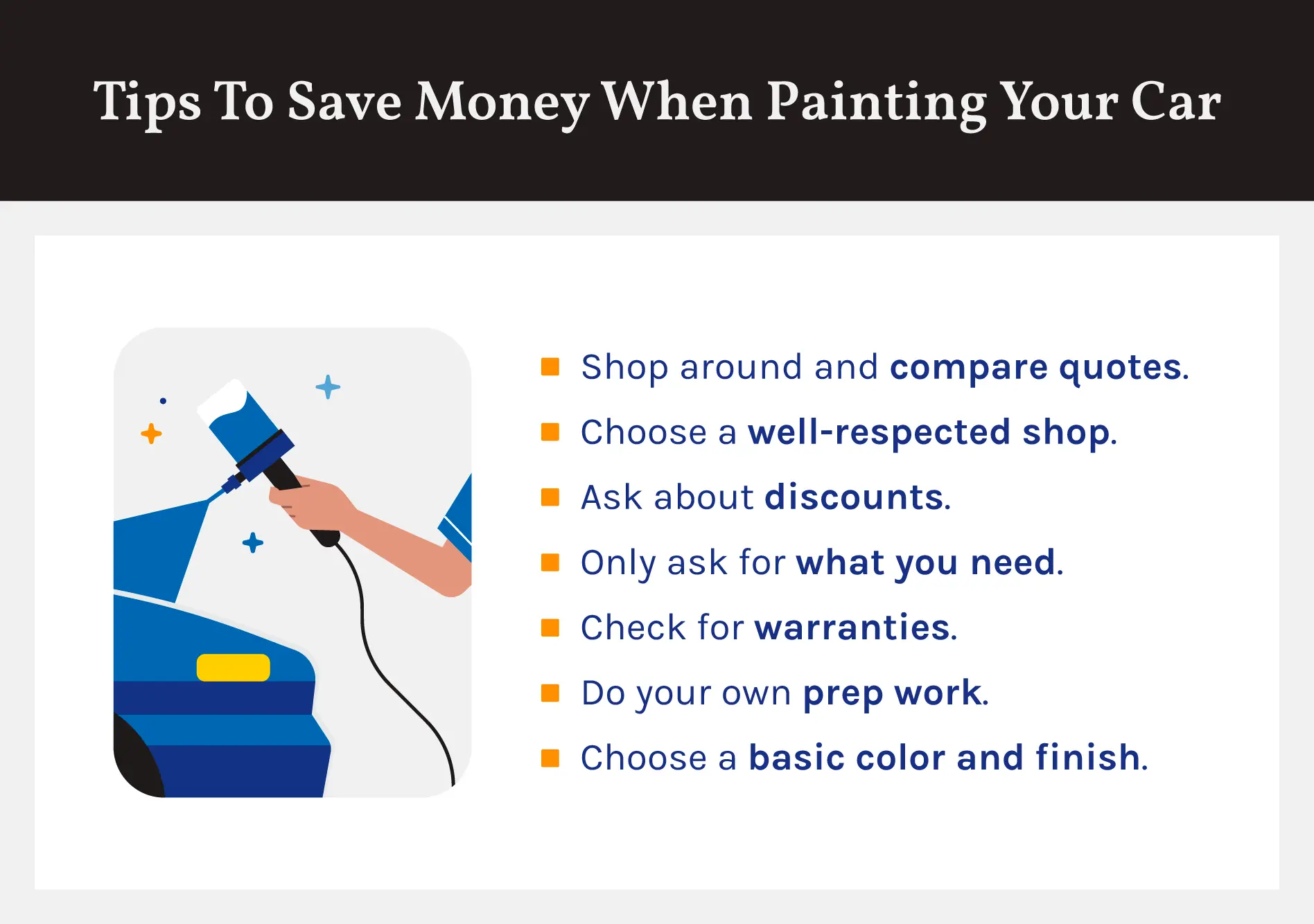 A graphic shares tips for how to save money when painting your car.