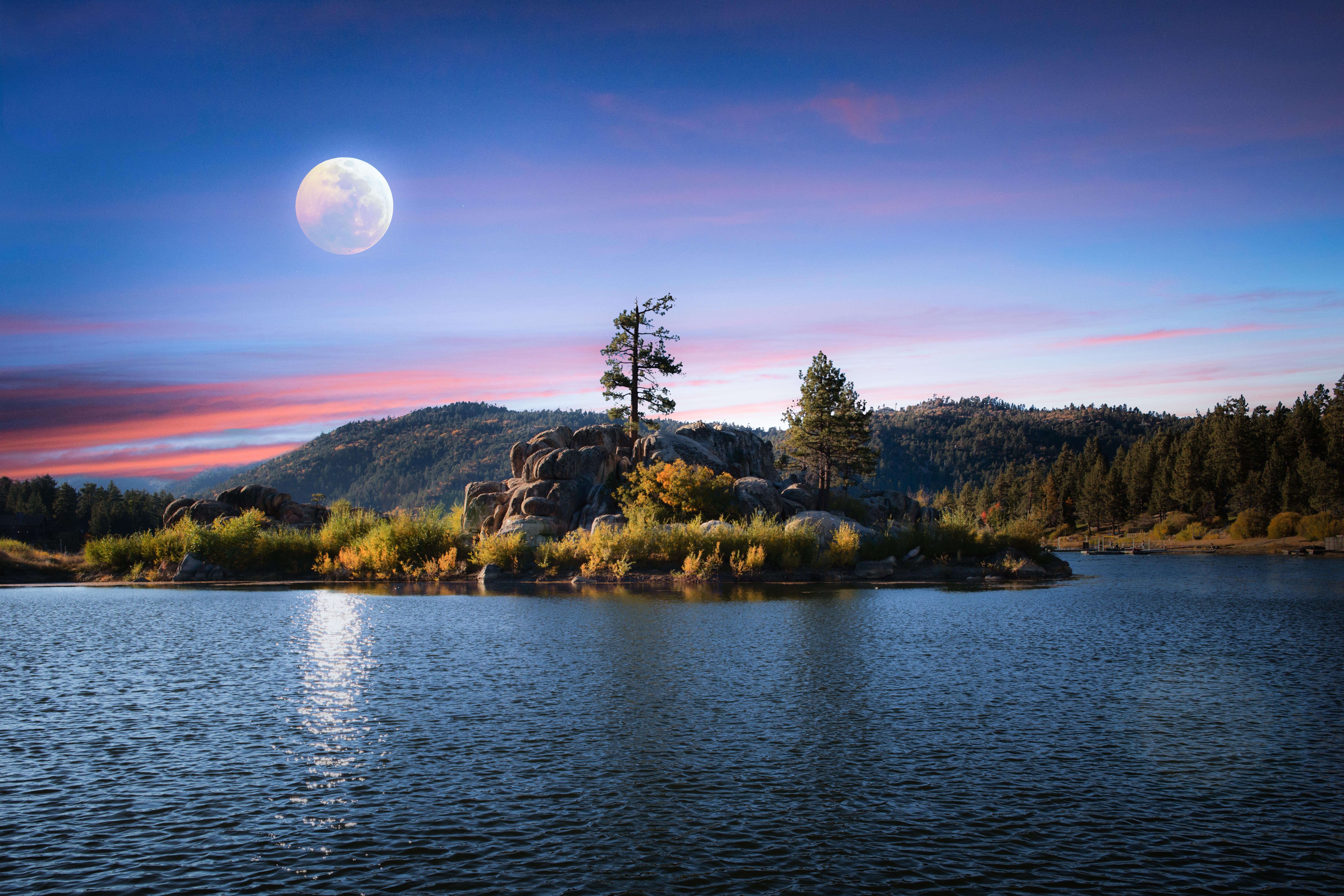 Image of Big Bear Lake in the moonlight, California.