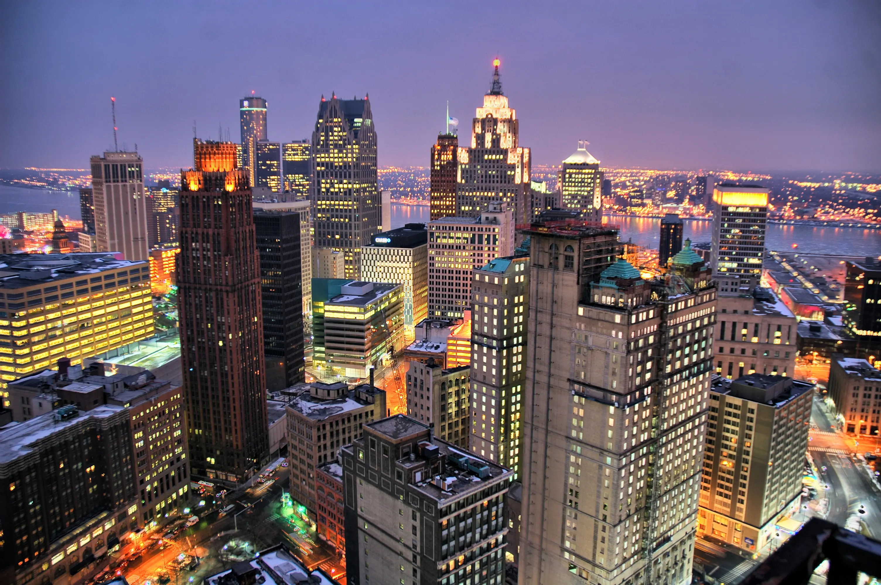 The skyline of the city of Detroit from up high, sunset.