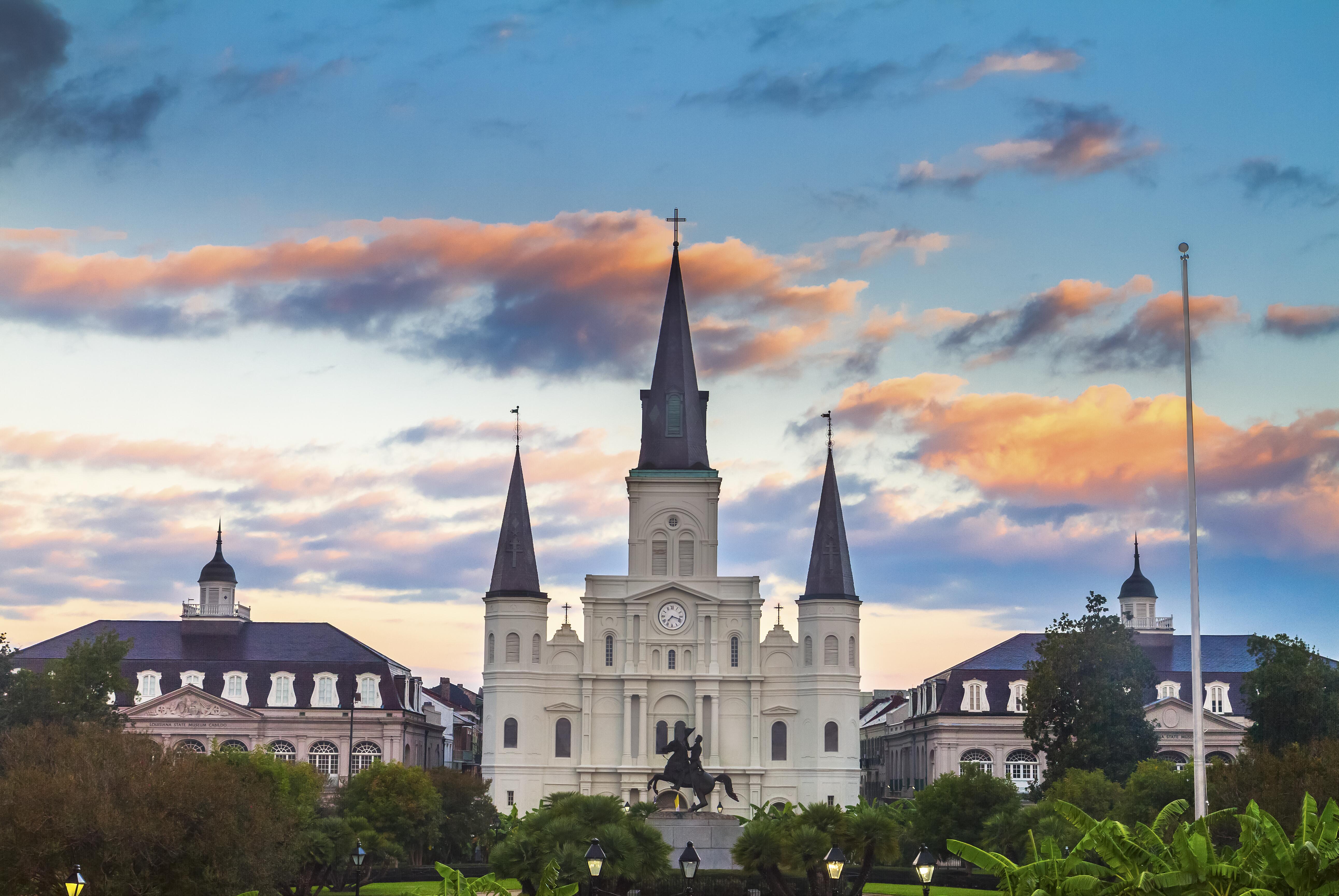 Exterior view with statue of St. Louis Cathedral in New Orleans Louisiana