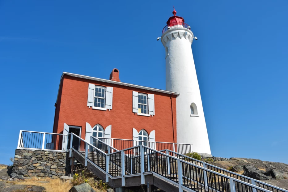 View looking up at the Fisgard Lighthouse in Victoria, British Columbia.