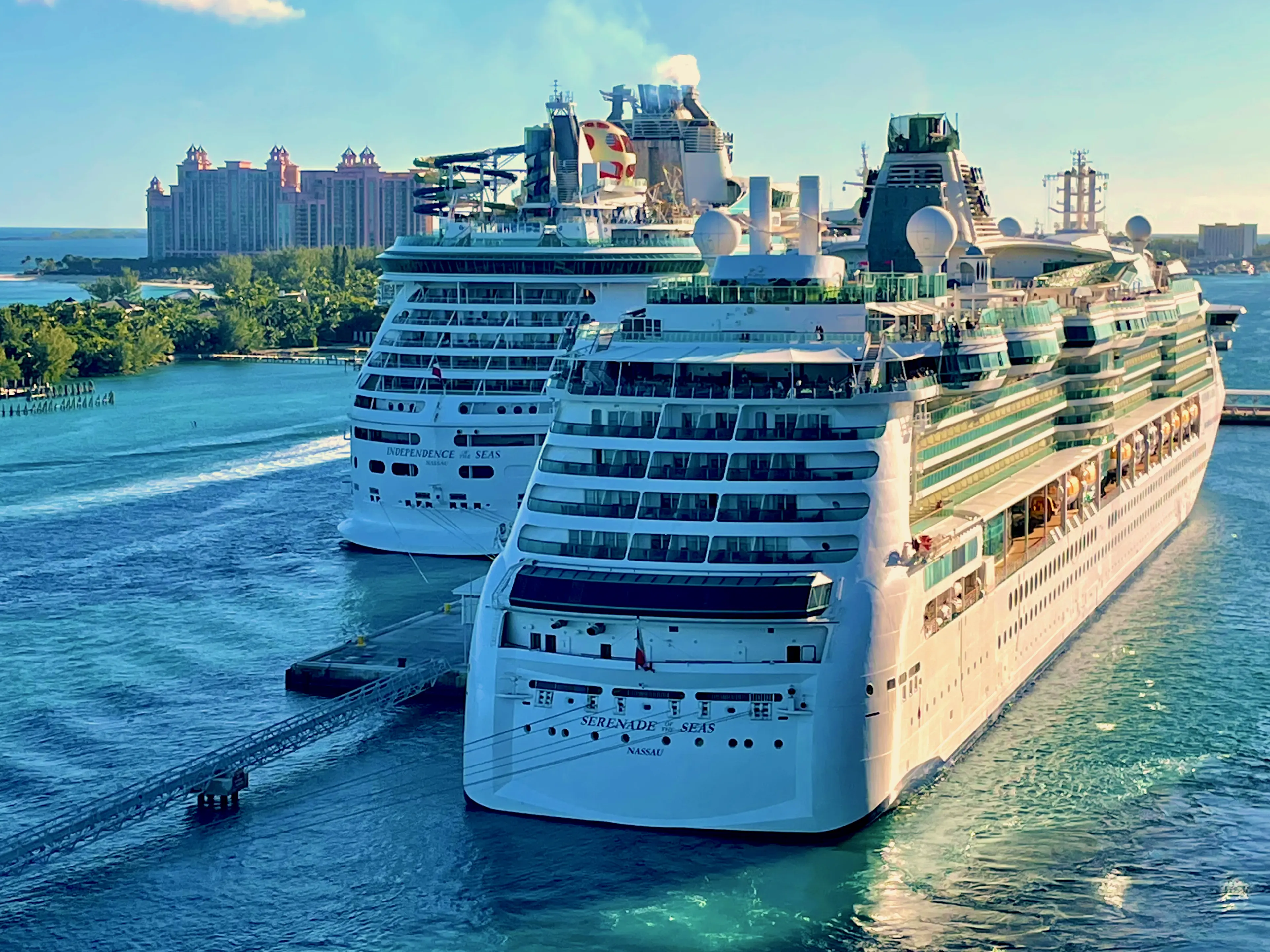 Image of two Royal Caribbean cruise ships, side by side in Nassau, The Bahamas.