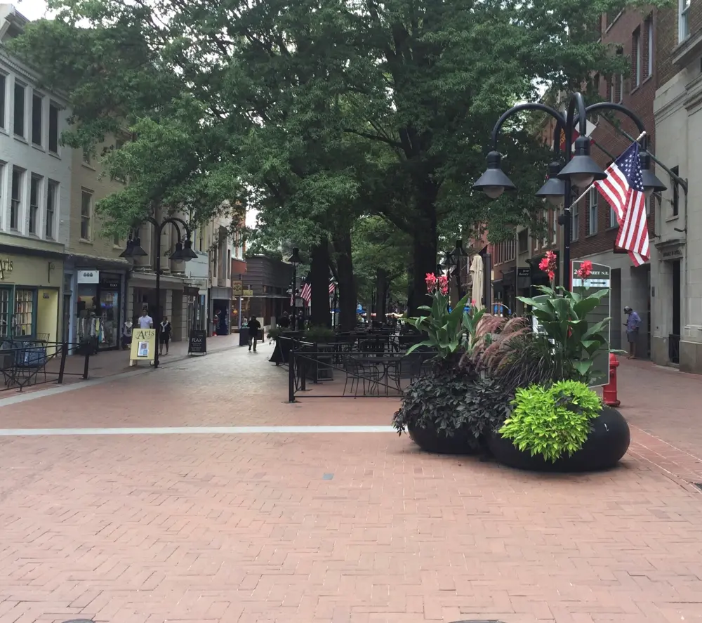 Charlottesville Downtown Pedestrian Mall features shops, restaurants, theaters and other amenities.