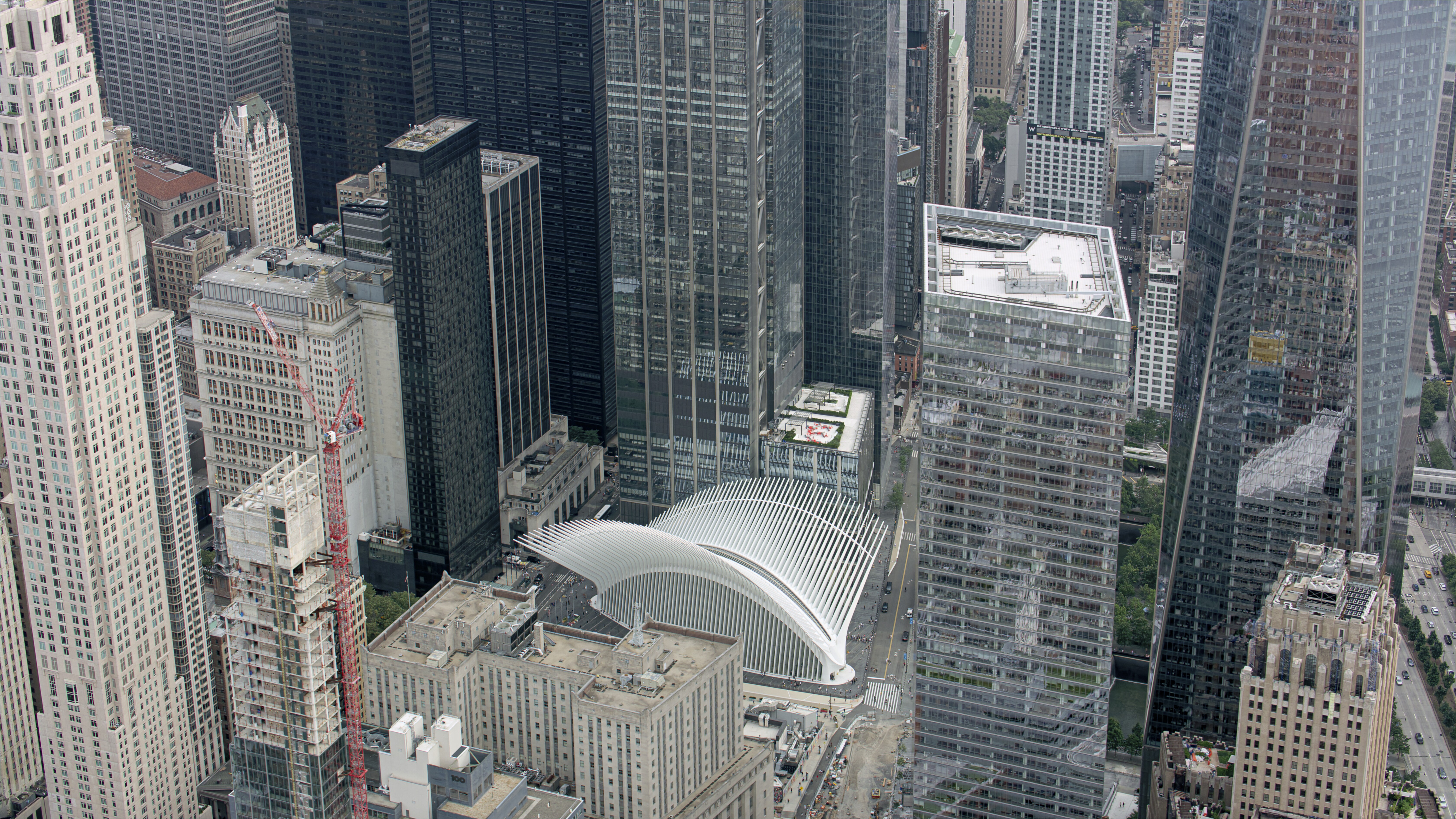 Aerial view of World Trade Center Transportation Hub surrounded by city, Lower Manhattan, New York City, New York State, USA.