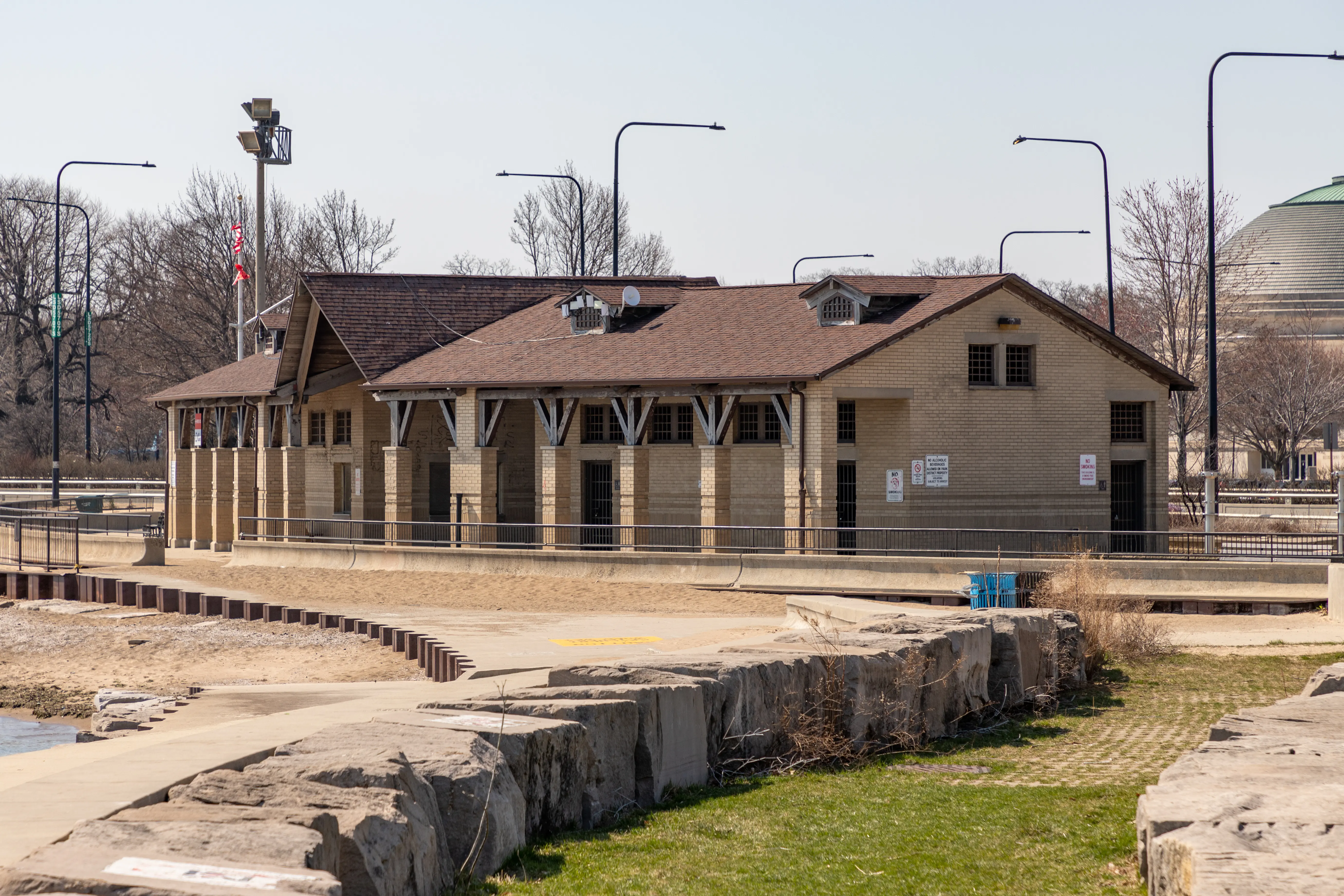 Image of the beach house restrooms near 57th Street beach located within Jackson Park, Illinois.