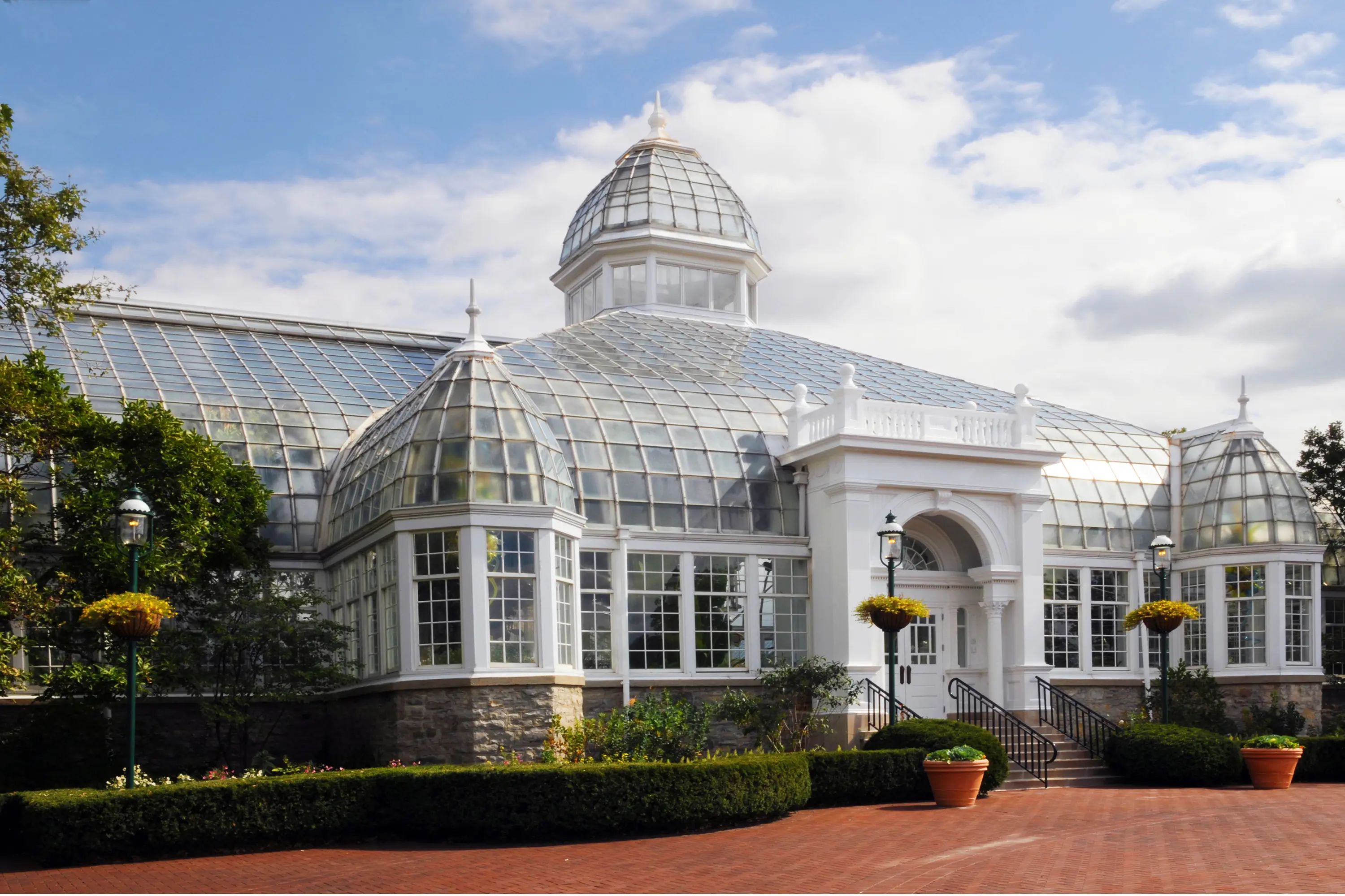 The exterior of the beautiful botanical Franklin Conservatory glass mansion in Columbus, Ohio