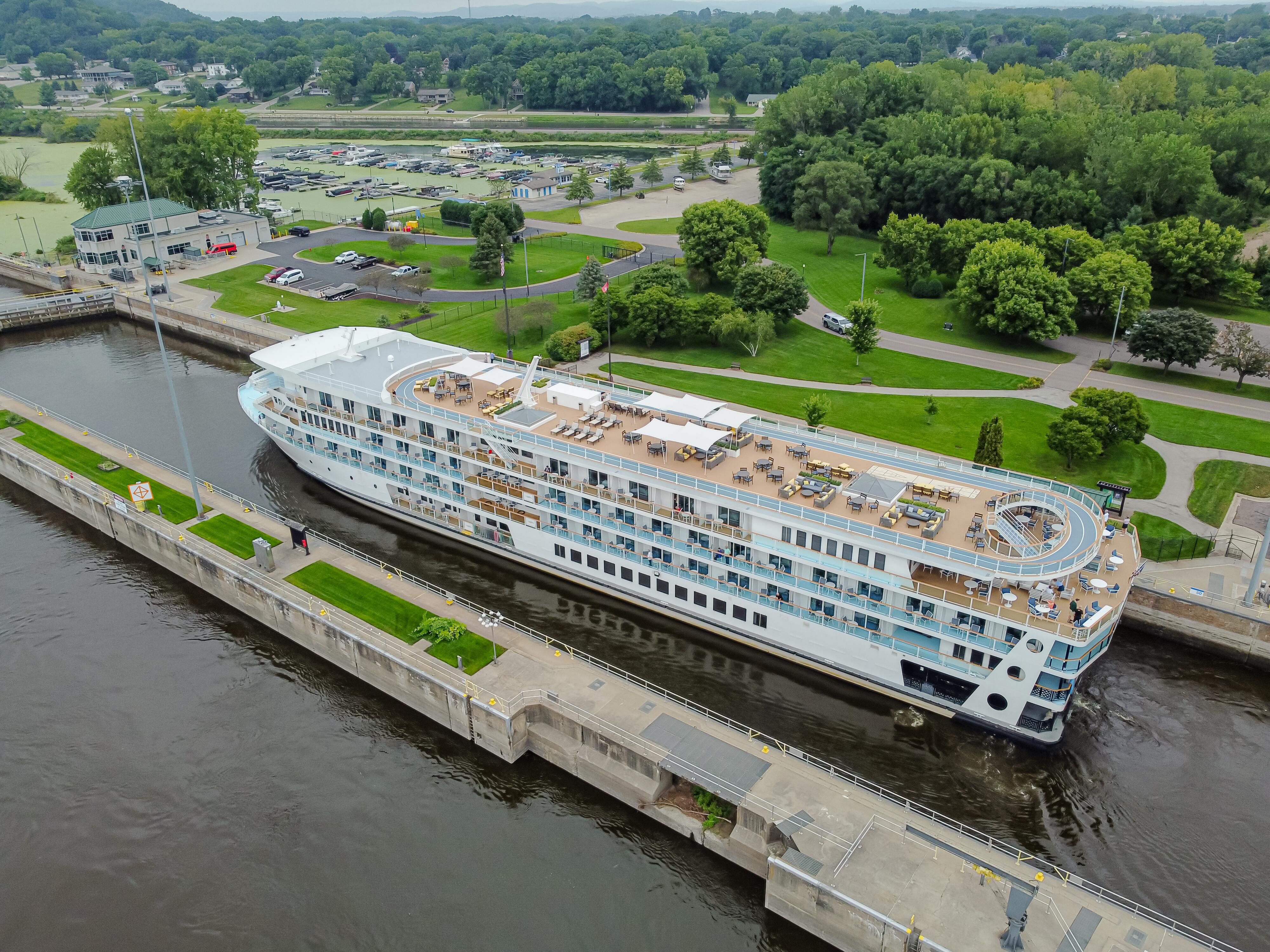 Aerial image of a river cruise boat in Mississippi.