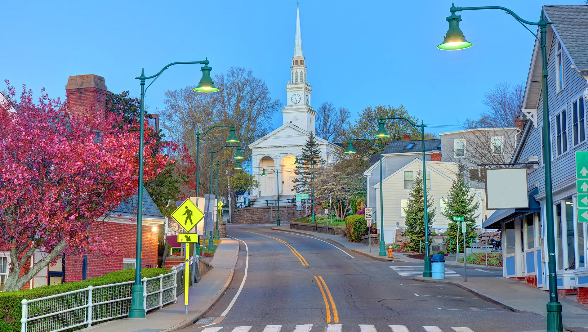 A city street in Mystic, a popular day trip from Boston.