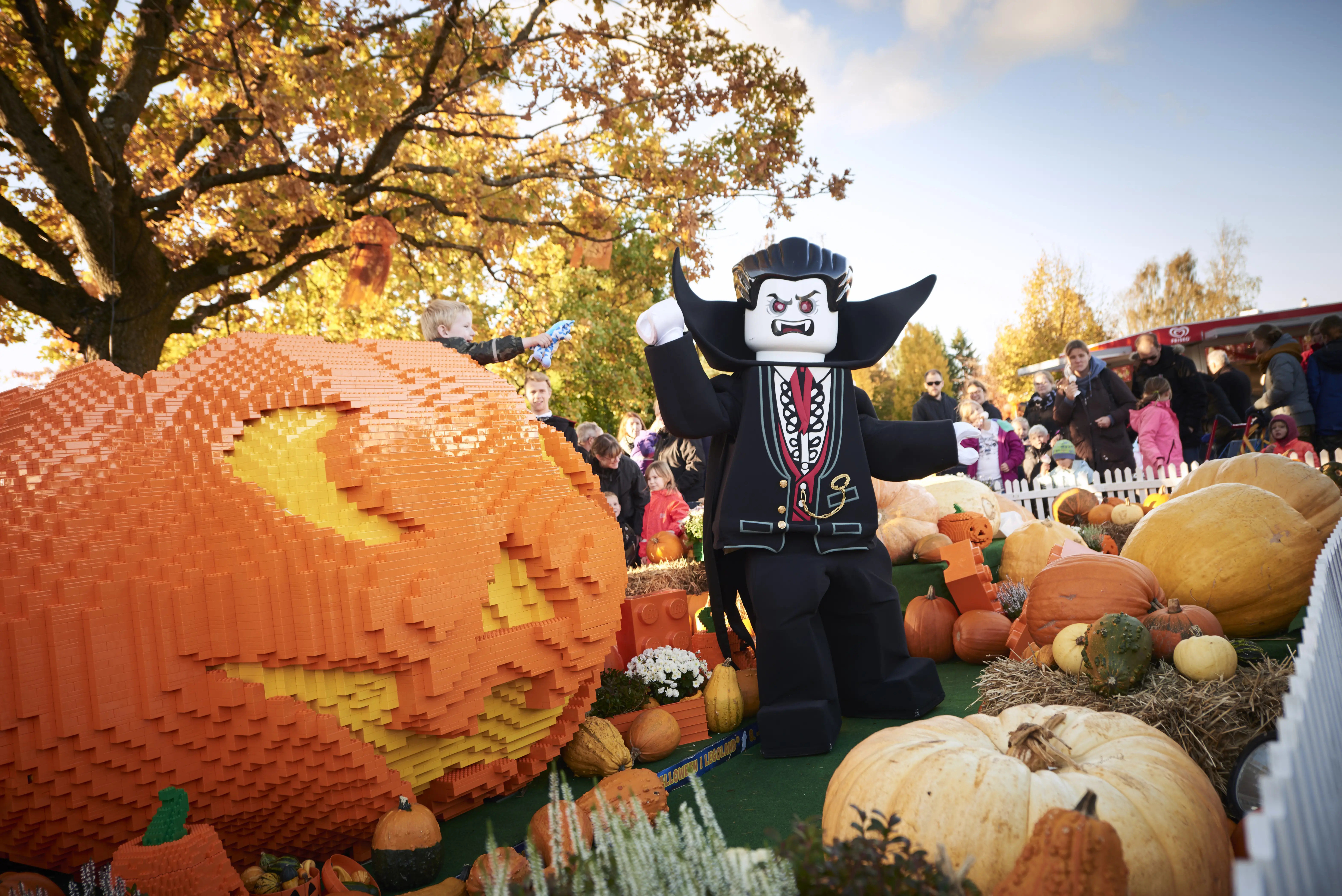 Image of a costume character of a Lego vampire standing in front of a Lego jack-o lantern sculpture at Legoland.