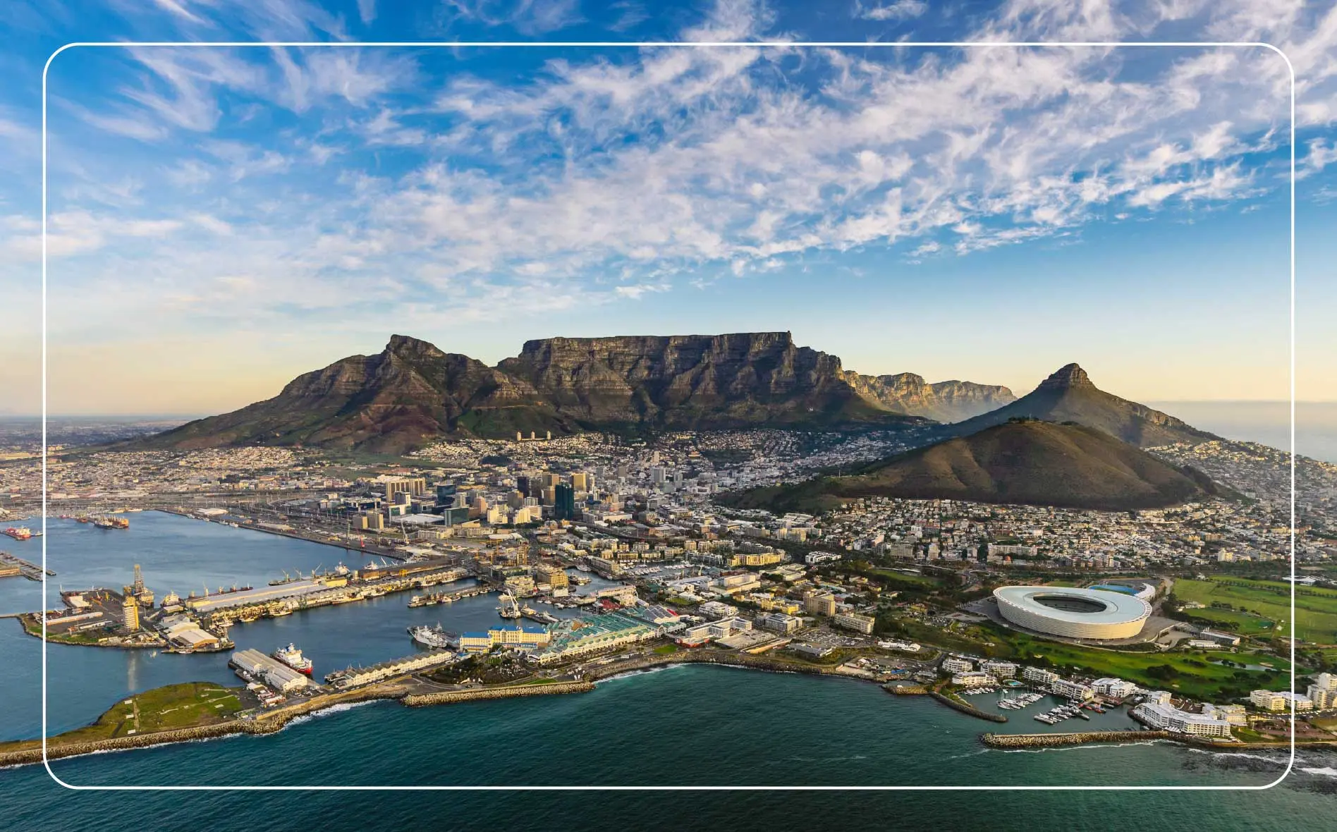 Aerial view of Table Mountain and the surrounding city of Cape Town, South Africa.