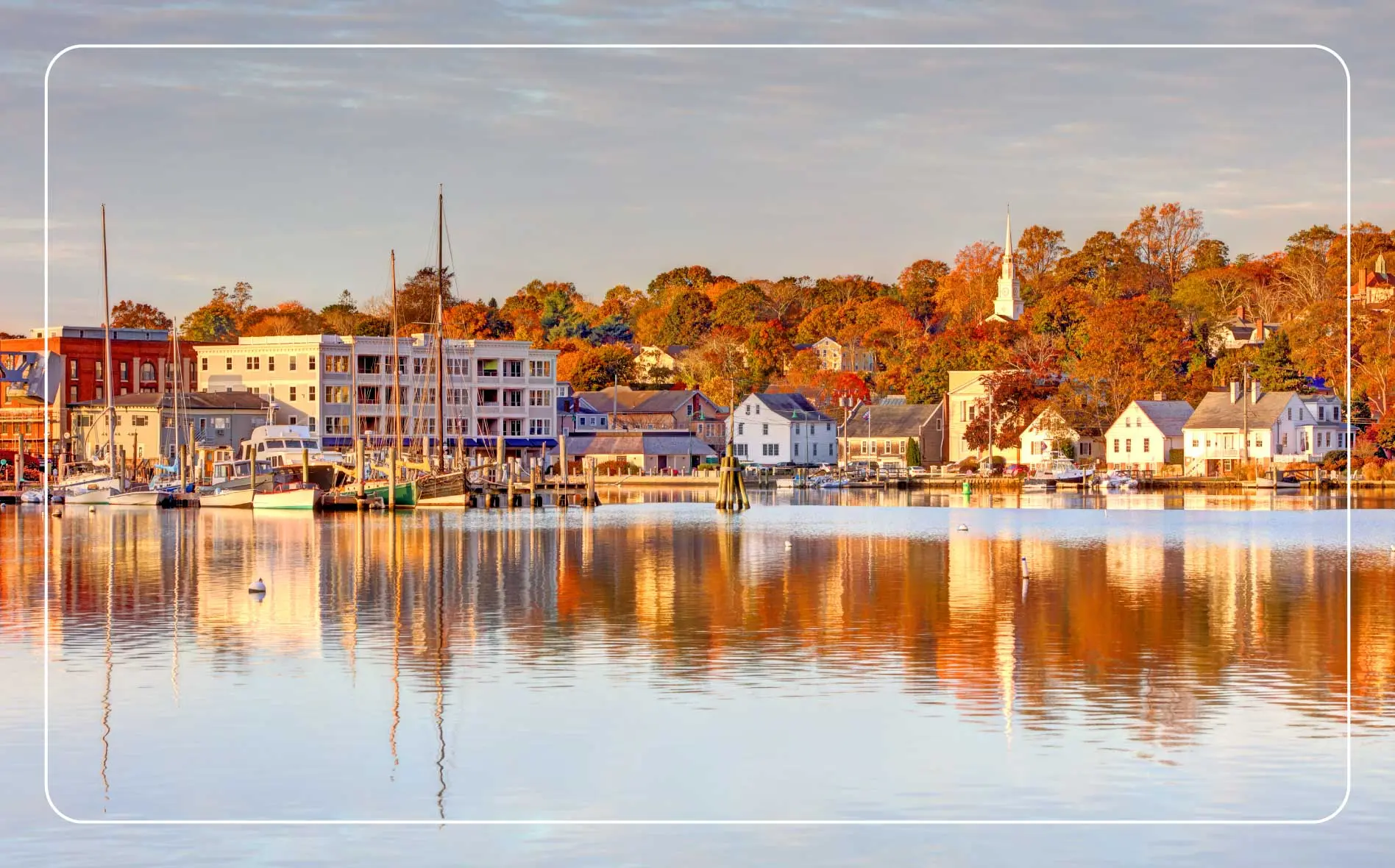 A panoramic view of Mystic, Connecticut as seen from the water.