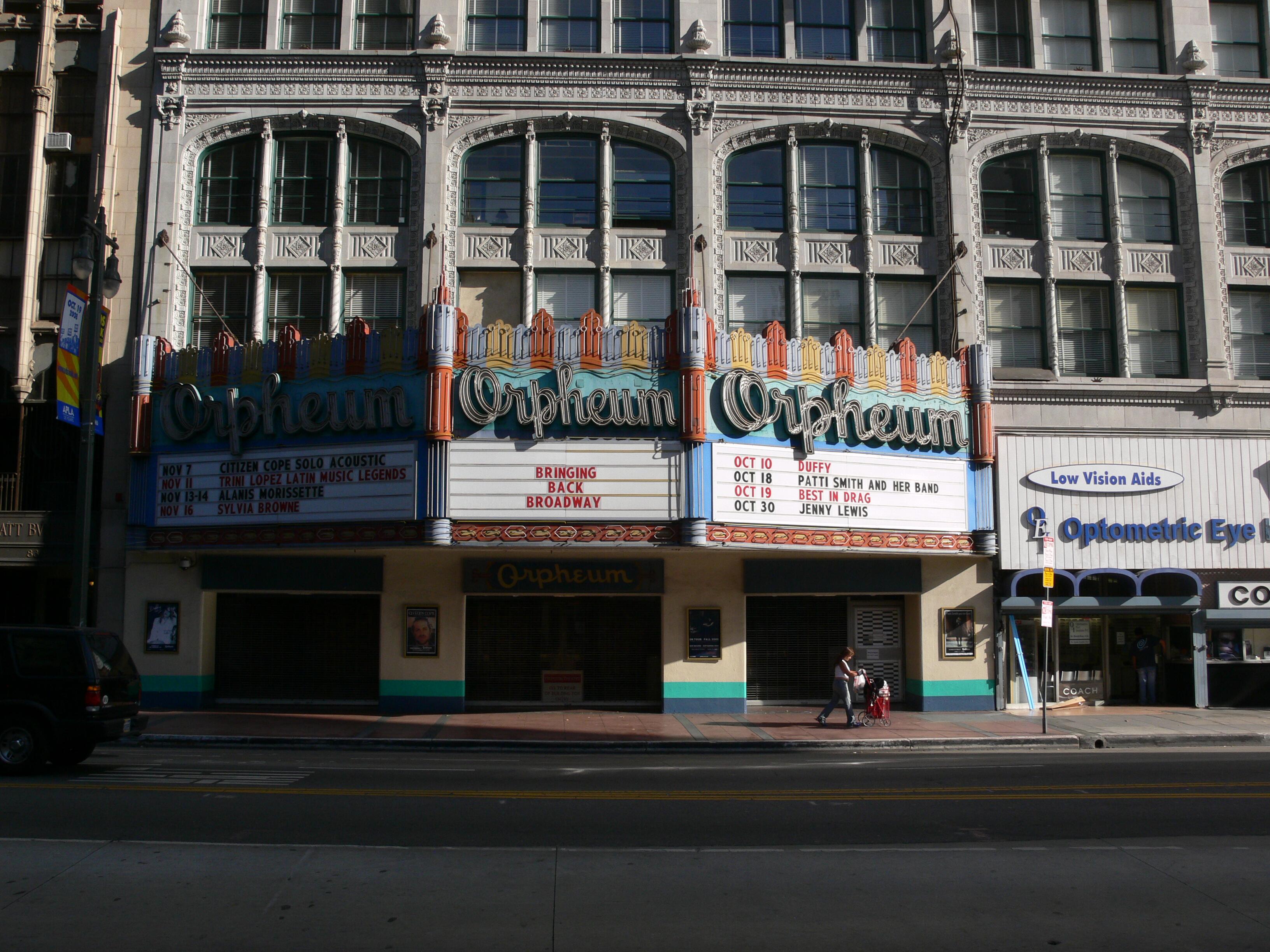 Exterior image of the Orpheum Theatre in Los Angeles, California's theater district.