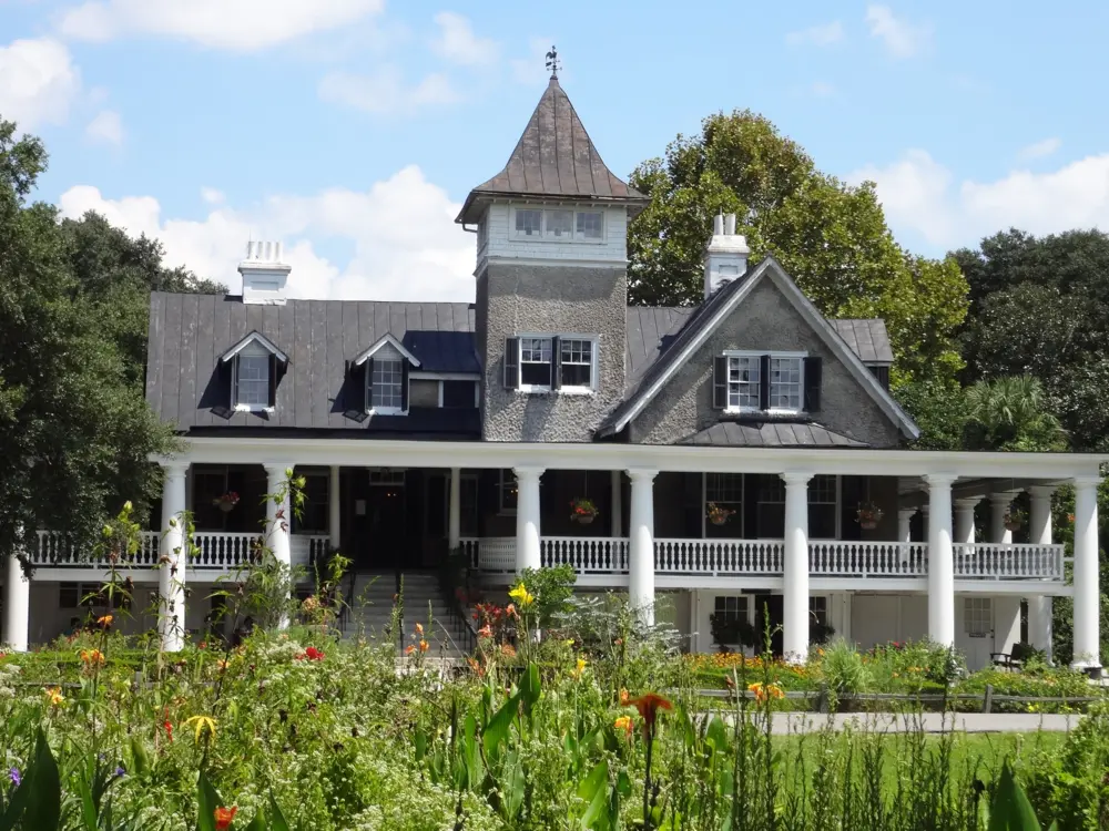Close-up view of the exterior of the Magnolia Plantation house in Charleston, South Carolina.