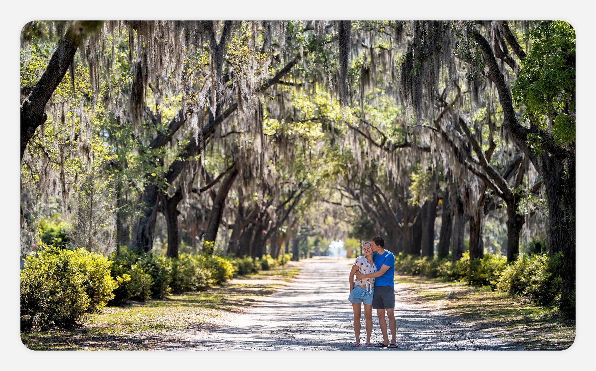 Couple embracing on their honeymoon in Savannah