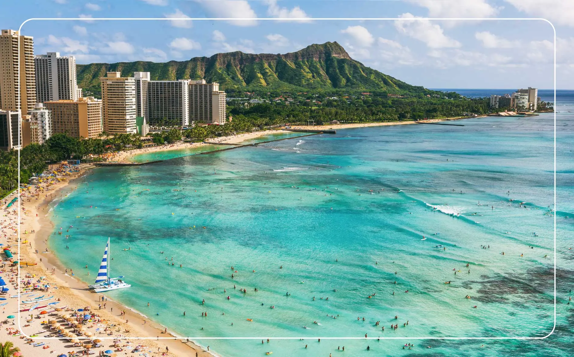 An aerial view of Waikiki Beach on Oahu, Hawaii.