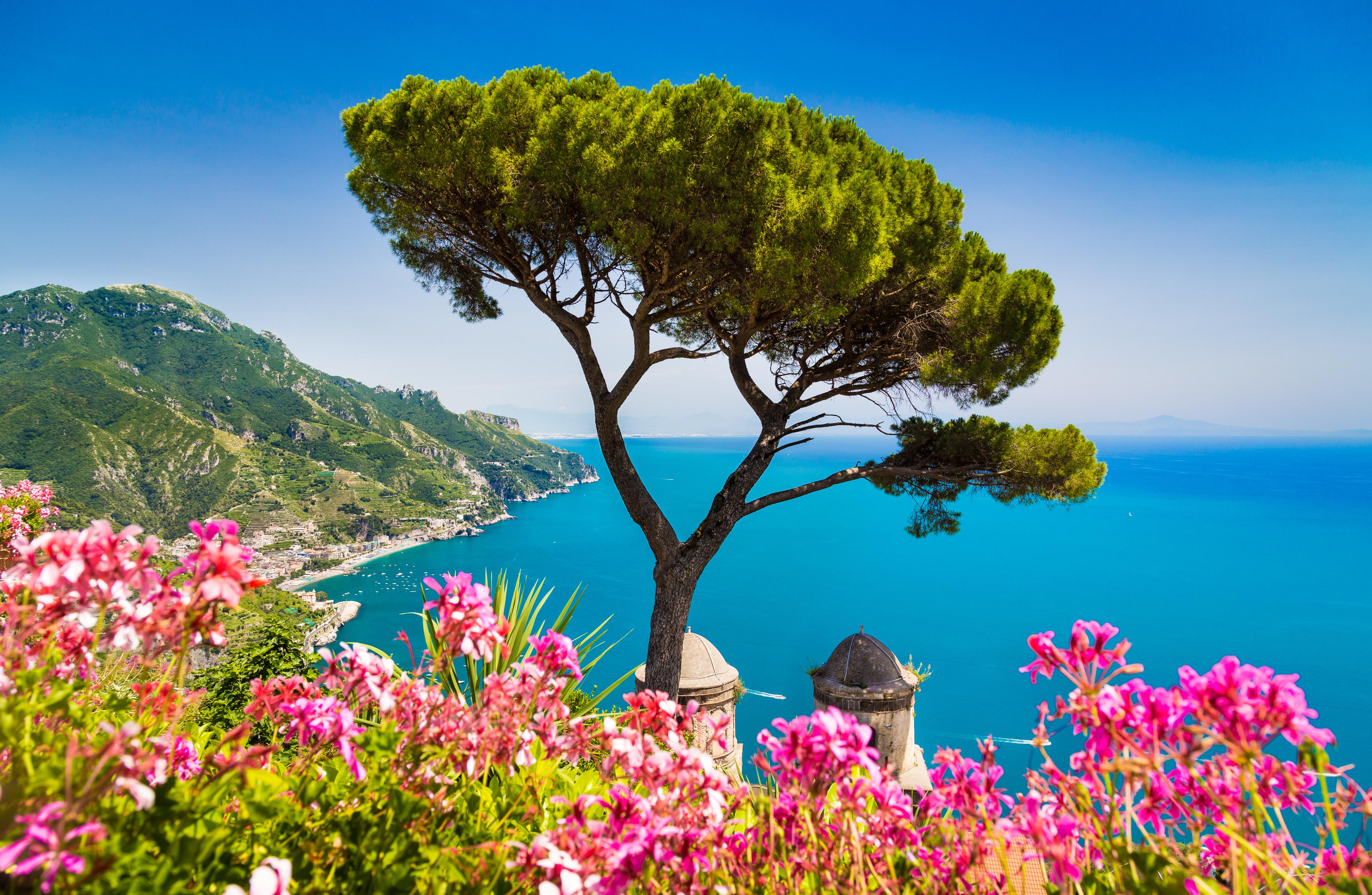 Scenic picture-postcard view of famous Amalfi Coast with Gulf of Salerno from Villa Rufolo gardens in Ravello, Campania, Italy, Shutterstock ID 269286716, AAA Vacations for 2020 AAA Vacations guide/website