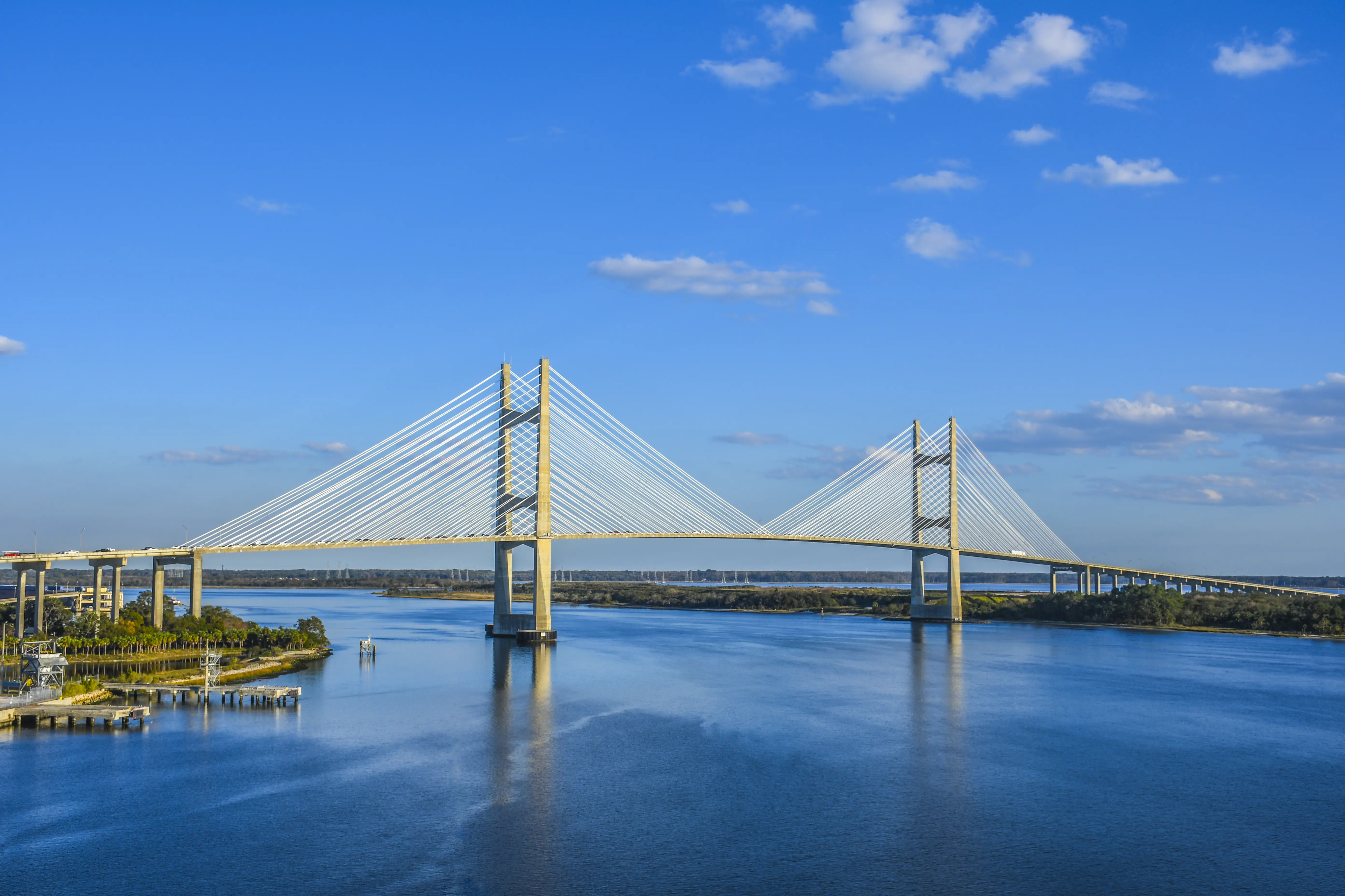 The Dames Point bridge crossing the St. Johns river in Jacksonville, Florida at sunset