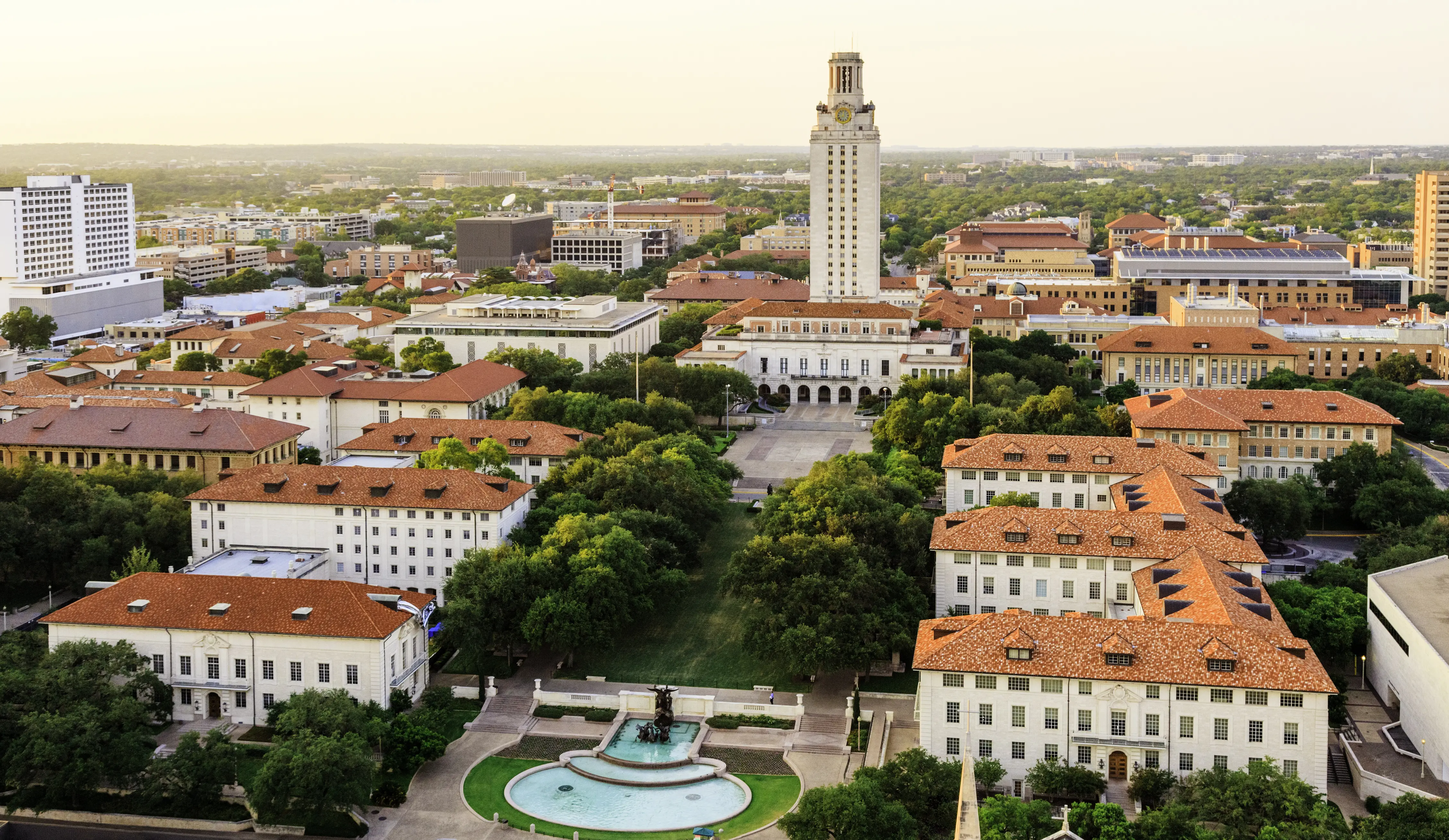Outdoor aerial shot of the University of Texas in Austin, Texas.