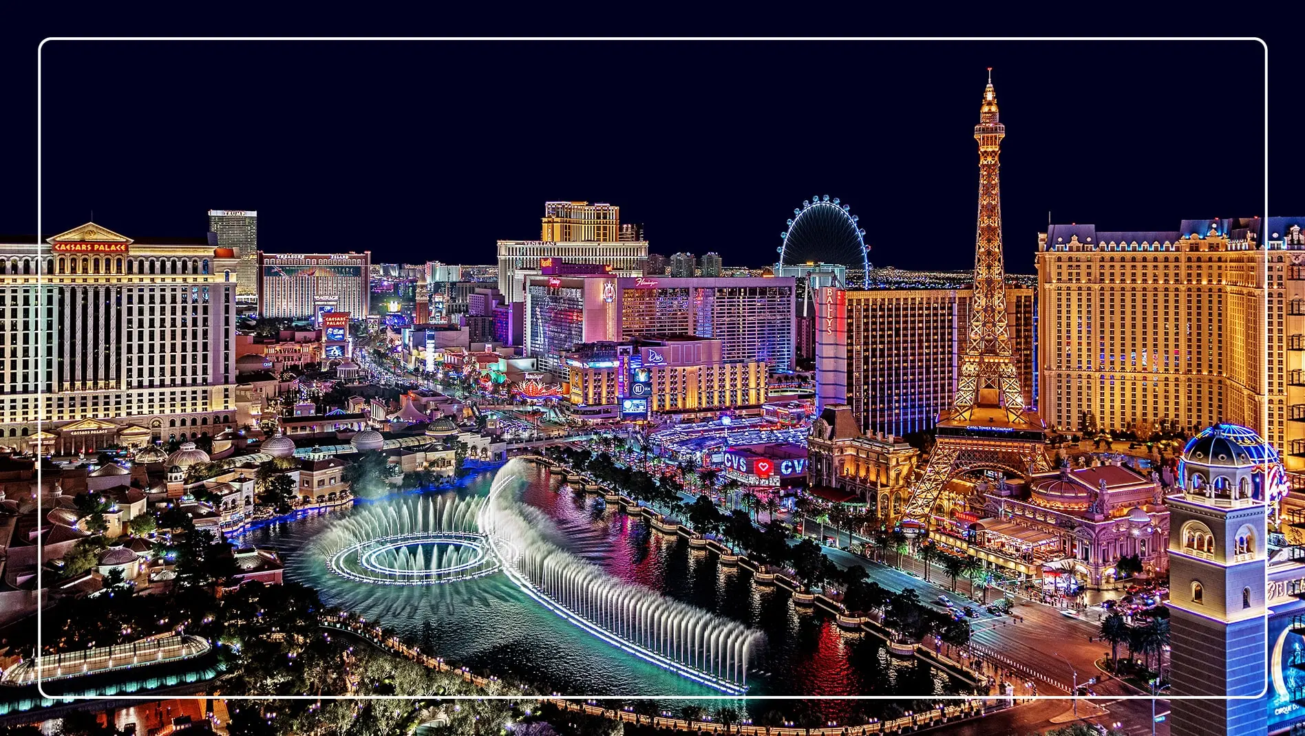 An aerial view of Las Vegas at night.