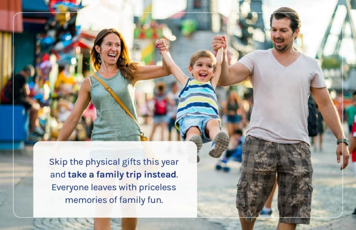 A family walking on a boardwalk during a family trip. 