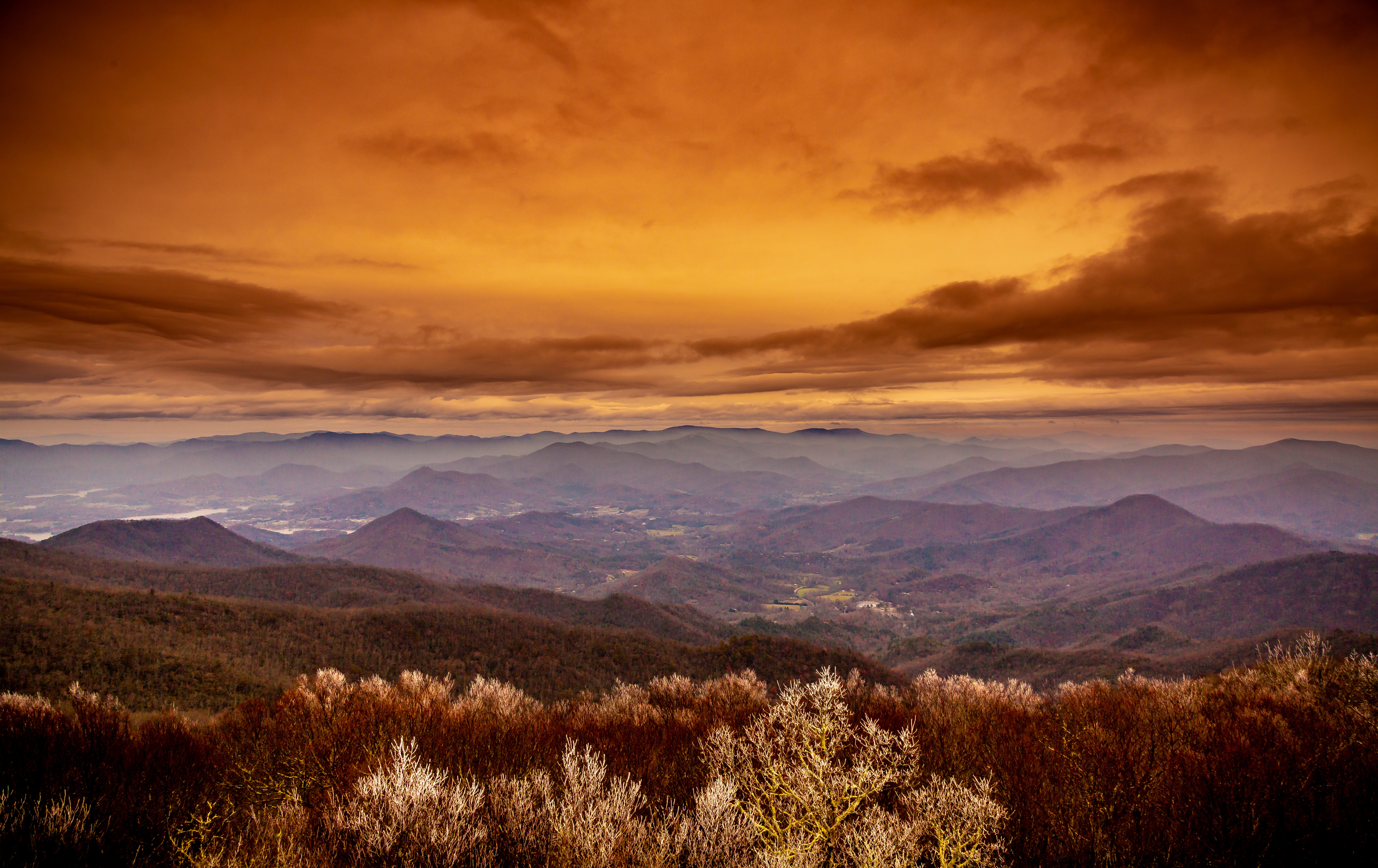 Image of a scenic sunset view of the fall mountain landscape in Georgia.