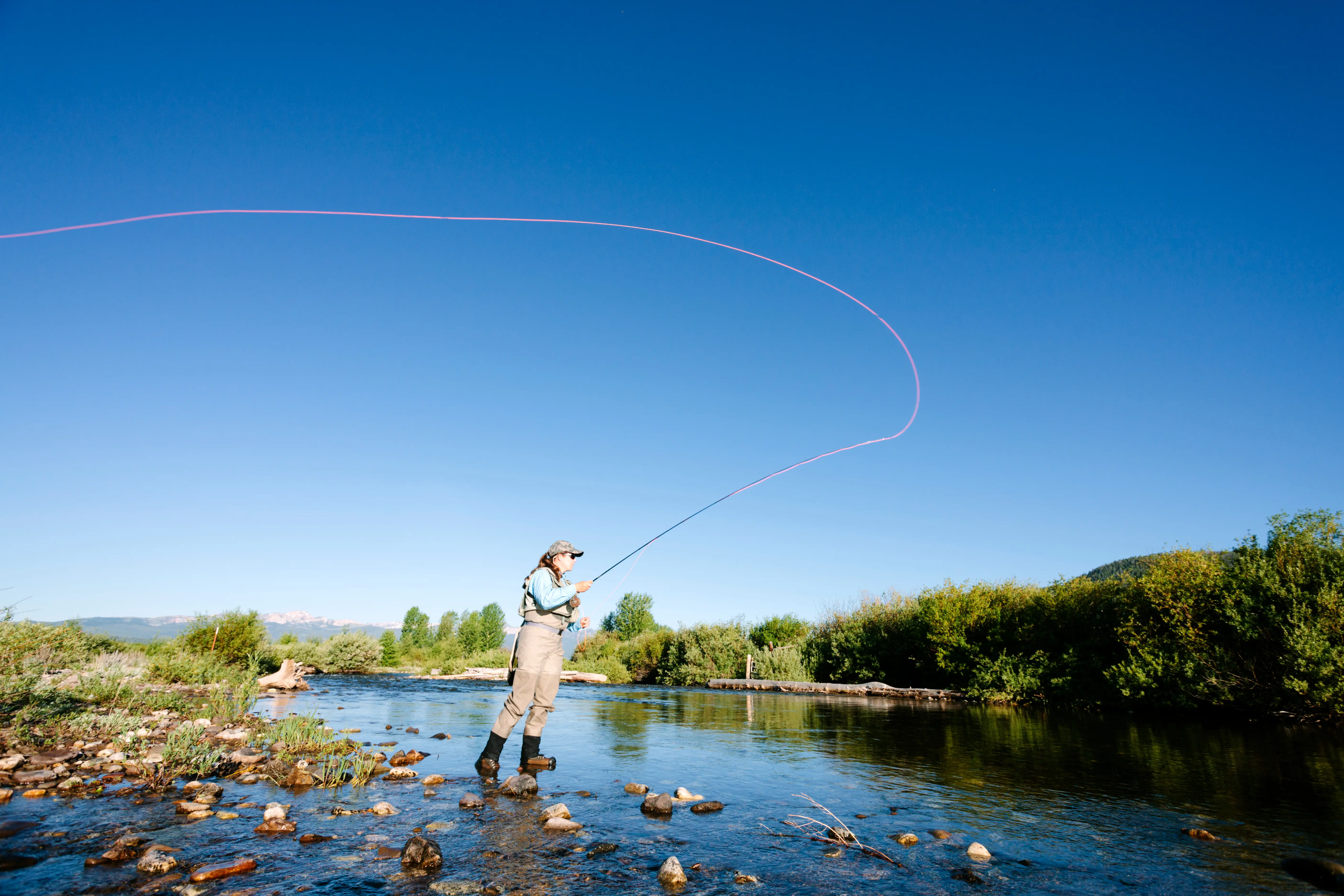 A woman fly fishes on the stony bank of a Yellowstone river with blue sky, Parade Rest Ranch, Montana, USA