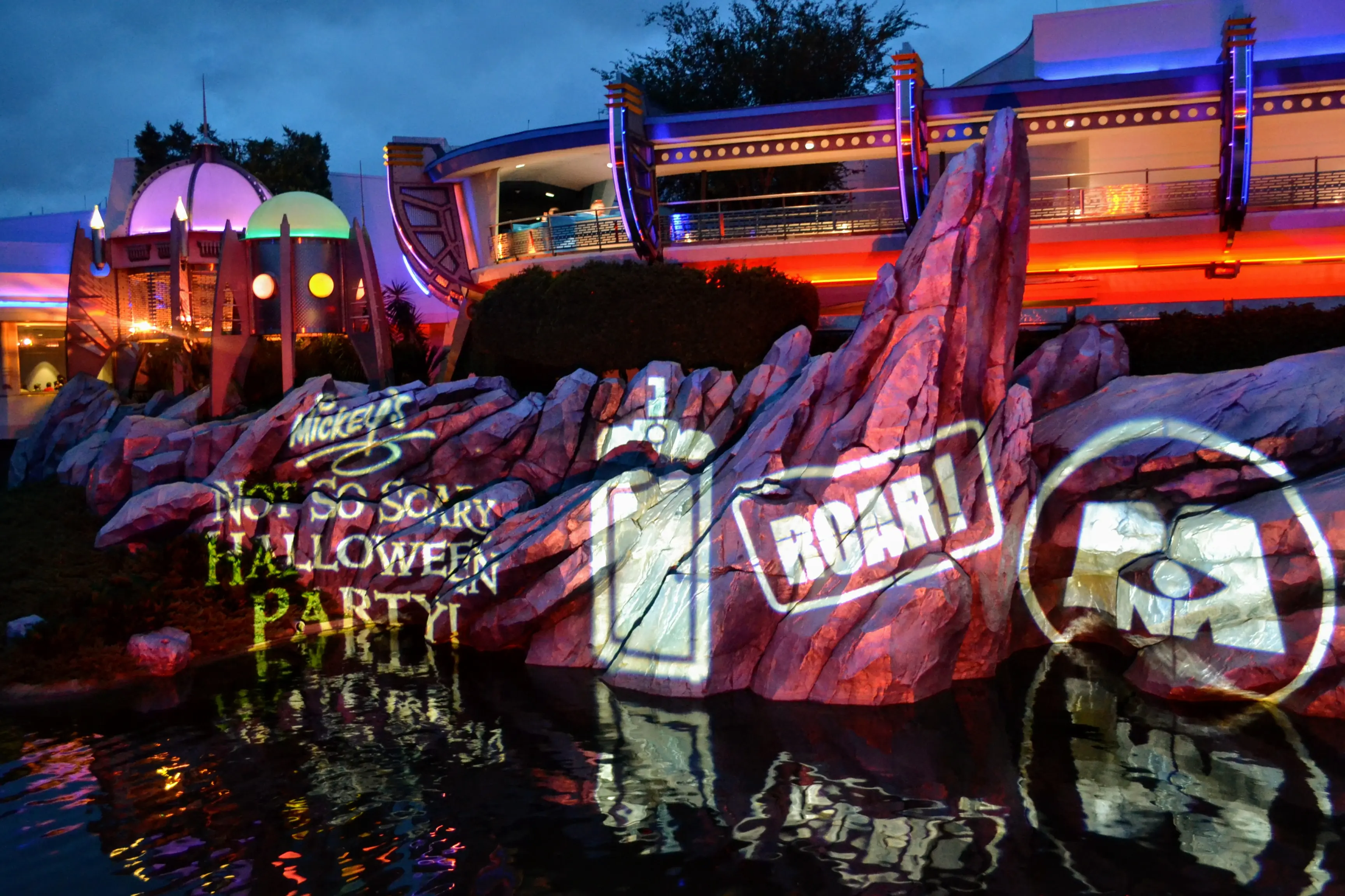 Image of a projection effect in Tomorrowland for Mickey's Not-So-Scary Halloween party, at the Magic Kingdom.
