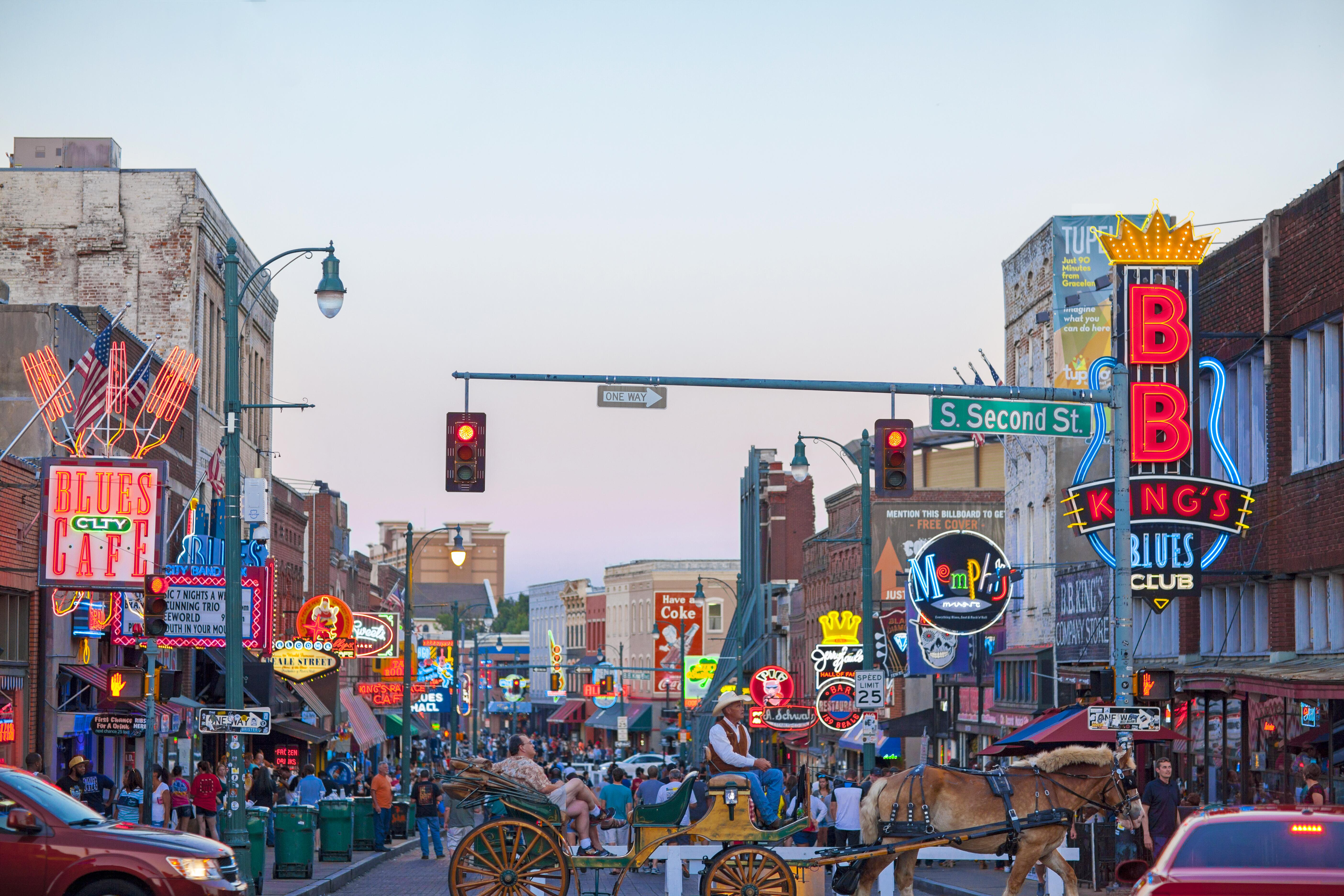 Crowd of people enjoying Beale Street