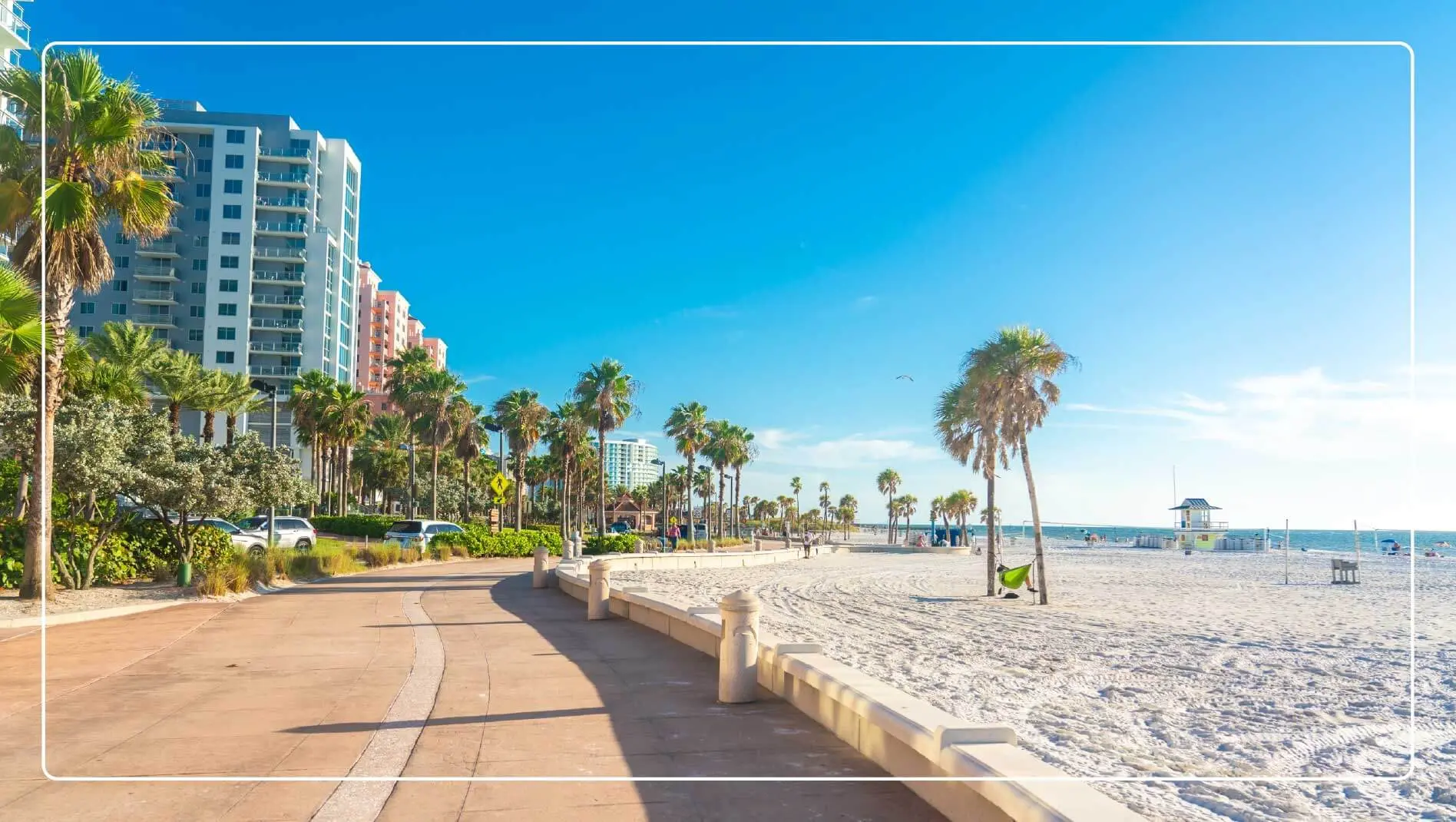 A look at the city and sand of Clearwater Beach, Florida.