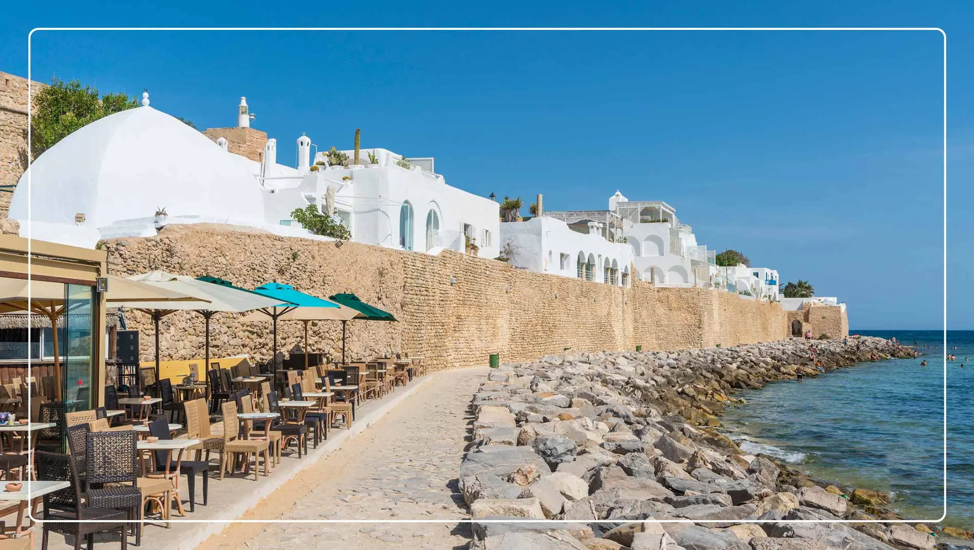 Coastal view of Hammamet, showing ancient city walls