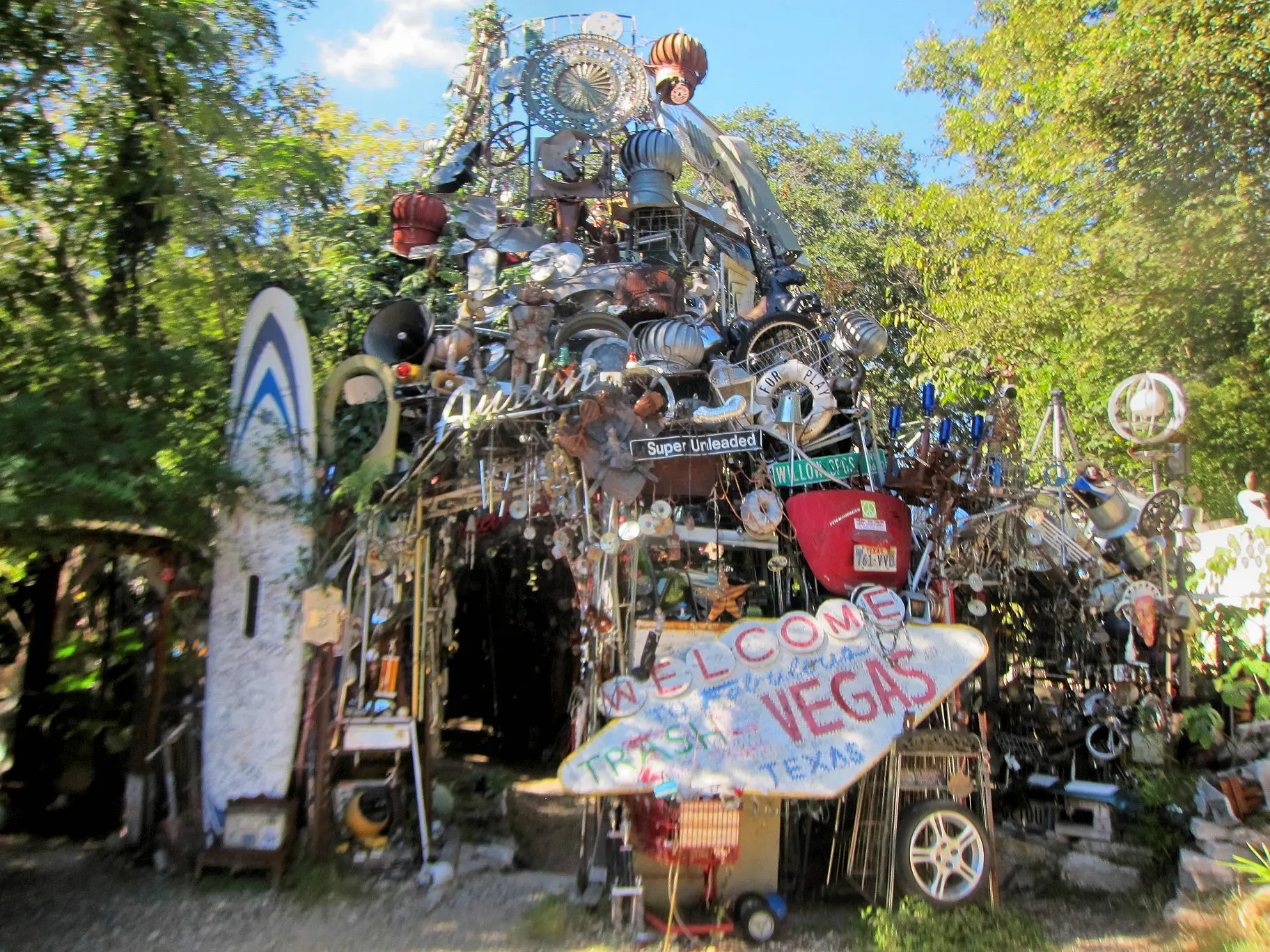 Outdoor image of the Cathedral of Junk sculpture in Austin, Texas.