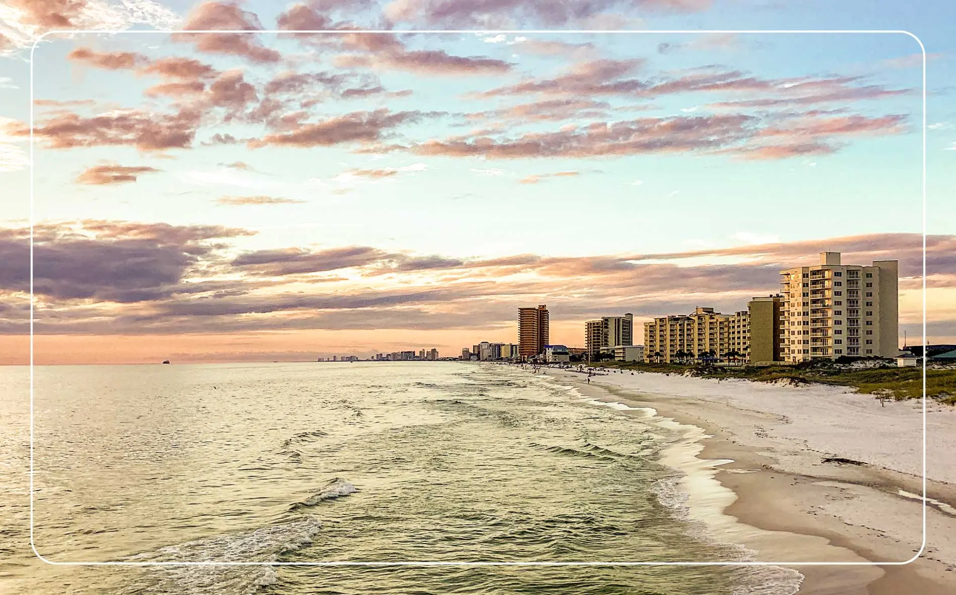 The coastline at sunset on Panama City Beach.