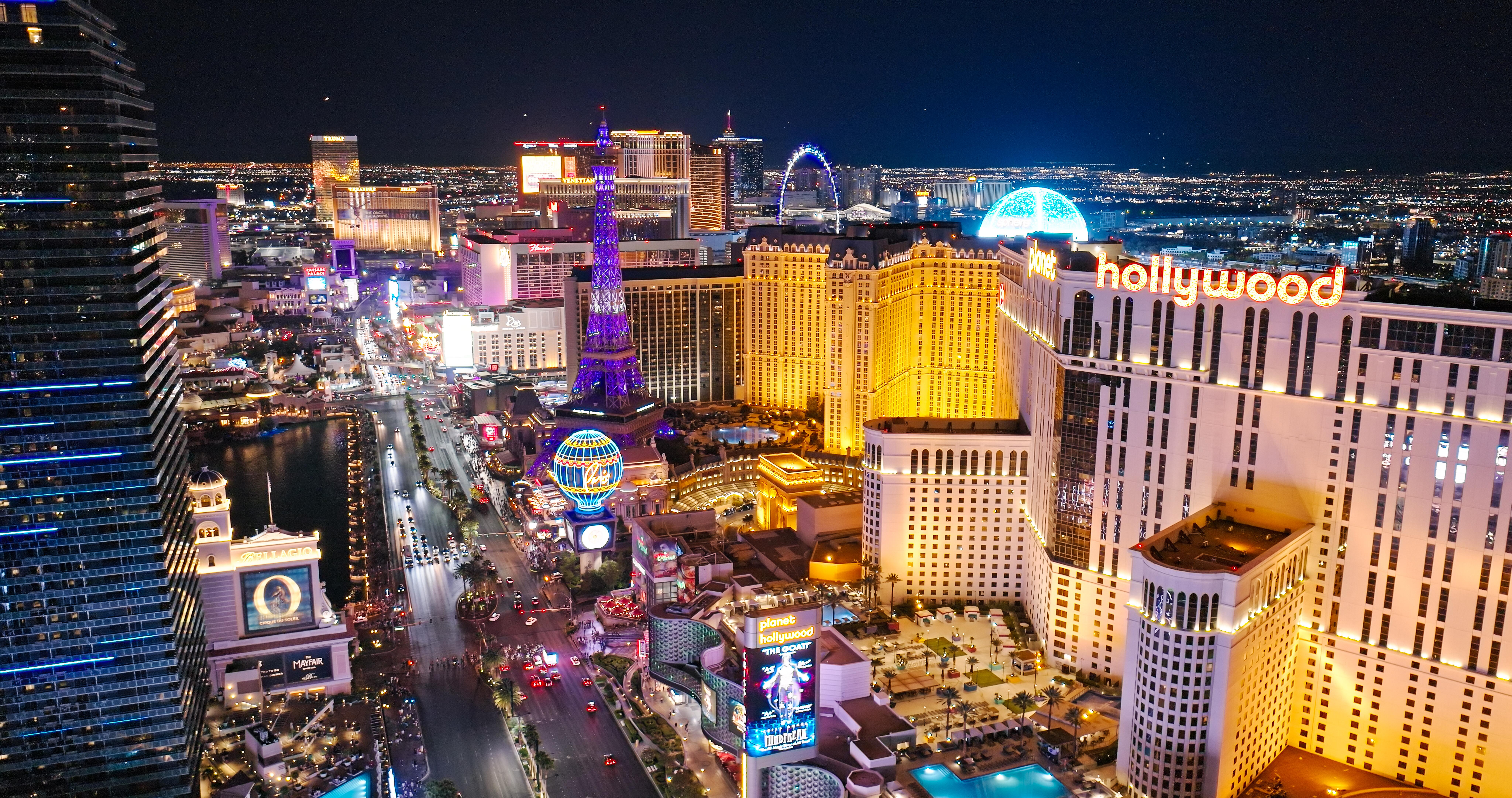 Aerial image of the Las Vegas skyline at night.