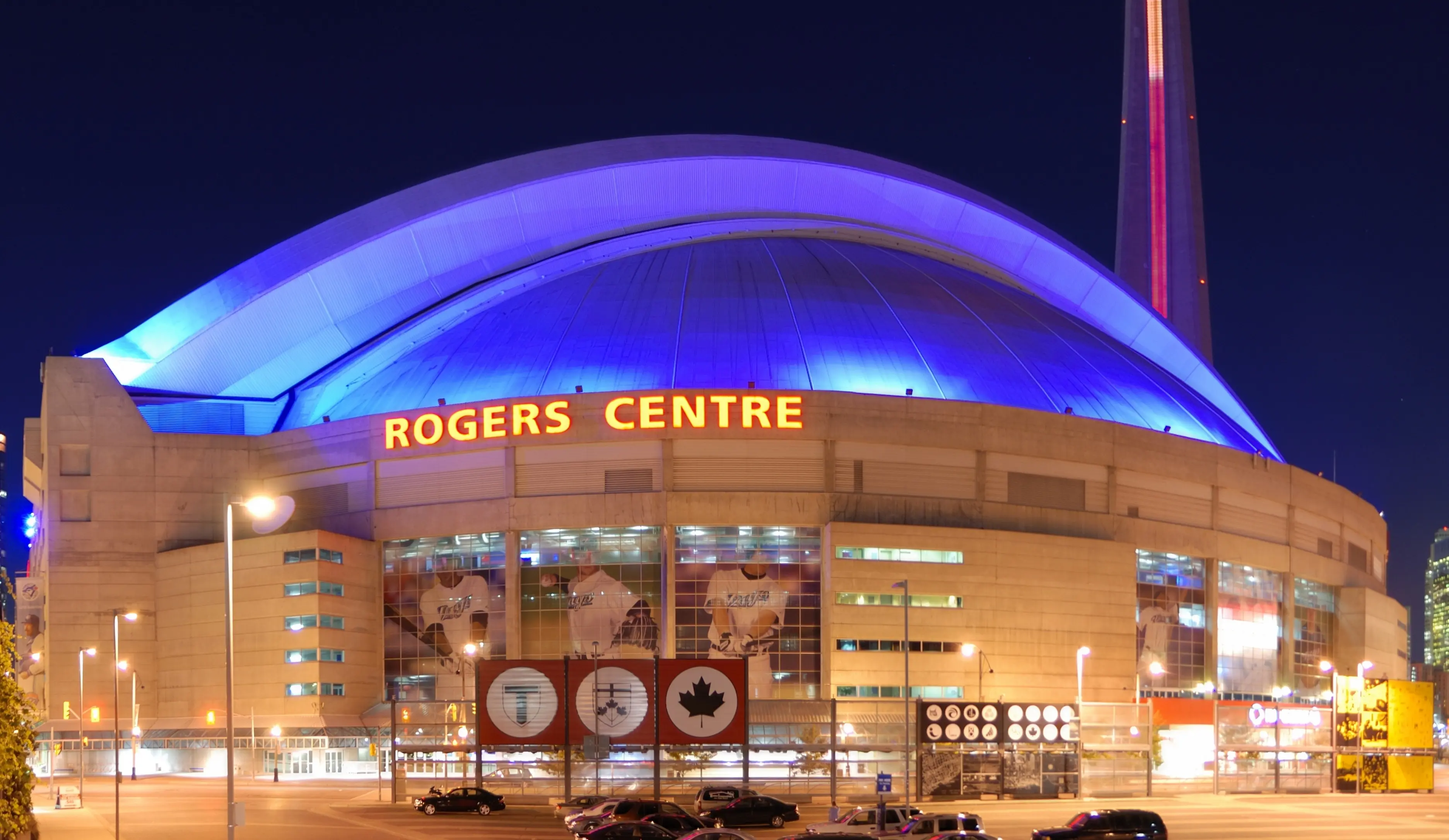Exterior image of the Rogers Centre in Toronto, Canada at night.
