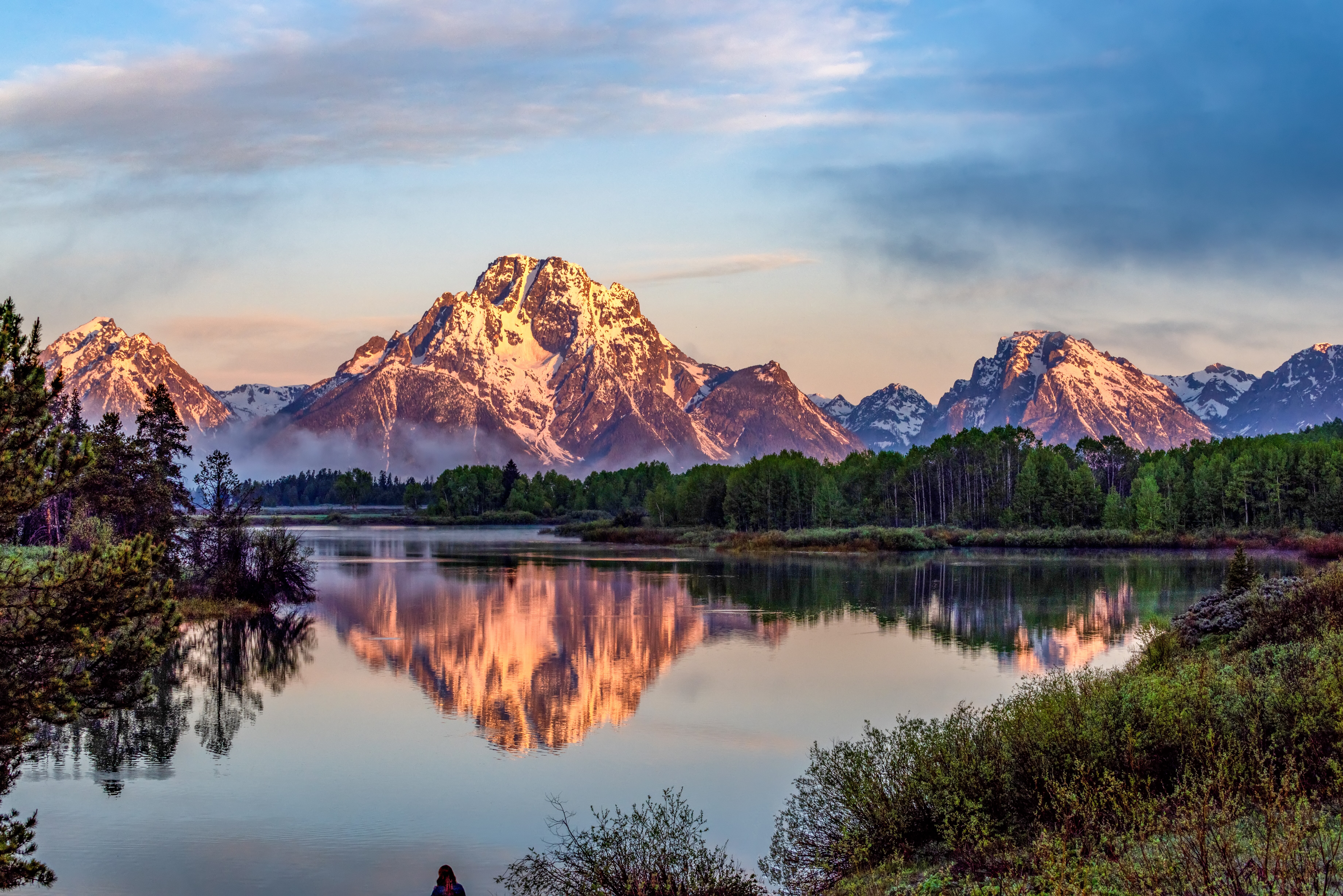 Image of Grand Teton Mountains from Oxbow Bend on the Snake River at sunrise.